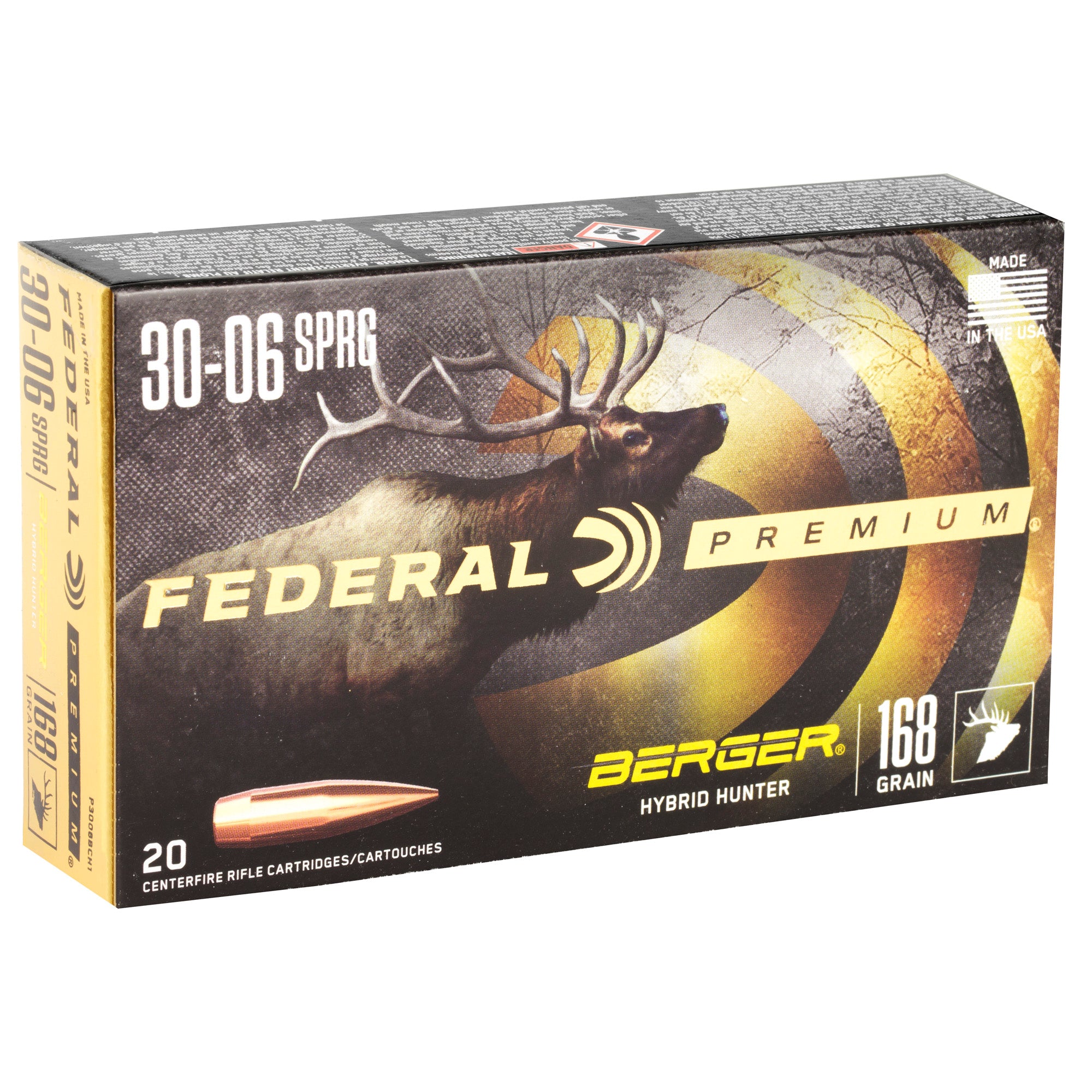 Federal Premium 30-06 Springfield Hybrid Hunter 168-Grain Boat-Tail Rifle Ammunition (P3006BCH1)