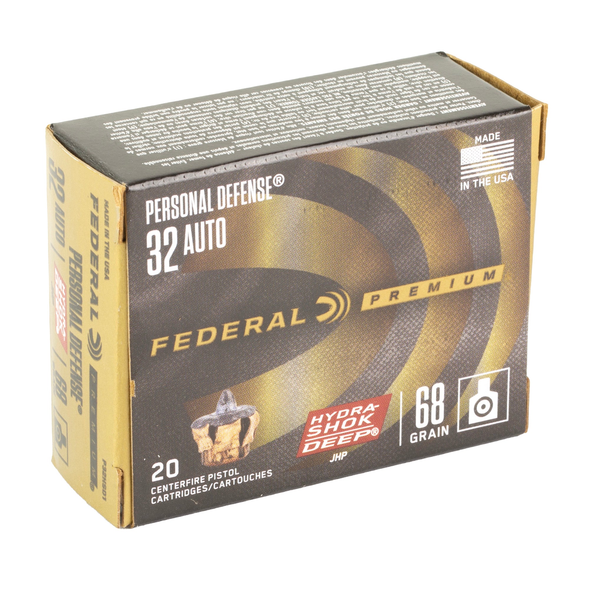 Federal Personal Defense Hydra-Shok 32 Auto Hollow Point Ammo - 68 Grain, 20 Rounds