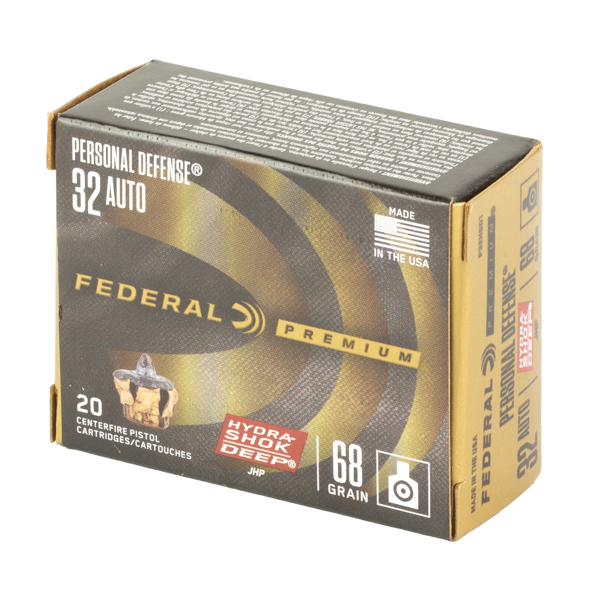 Federal Personal Defense Hydra-Shok 32 Auto Hollow Point Ammo - 68 Grain, 20 Rounds