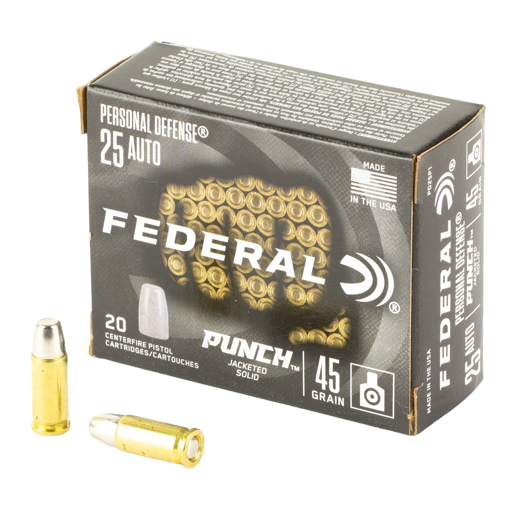 Federal Punch Personal Defense 25 Auto 45 Grain Solid Point Ammunition - 20 Rounds per Box