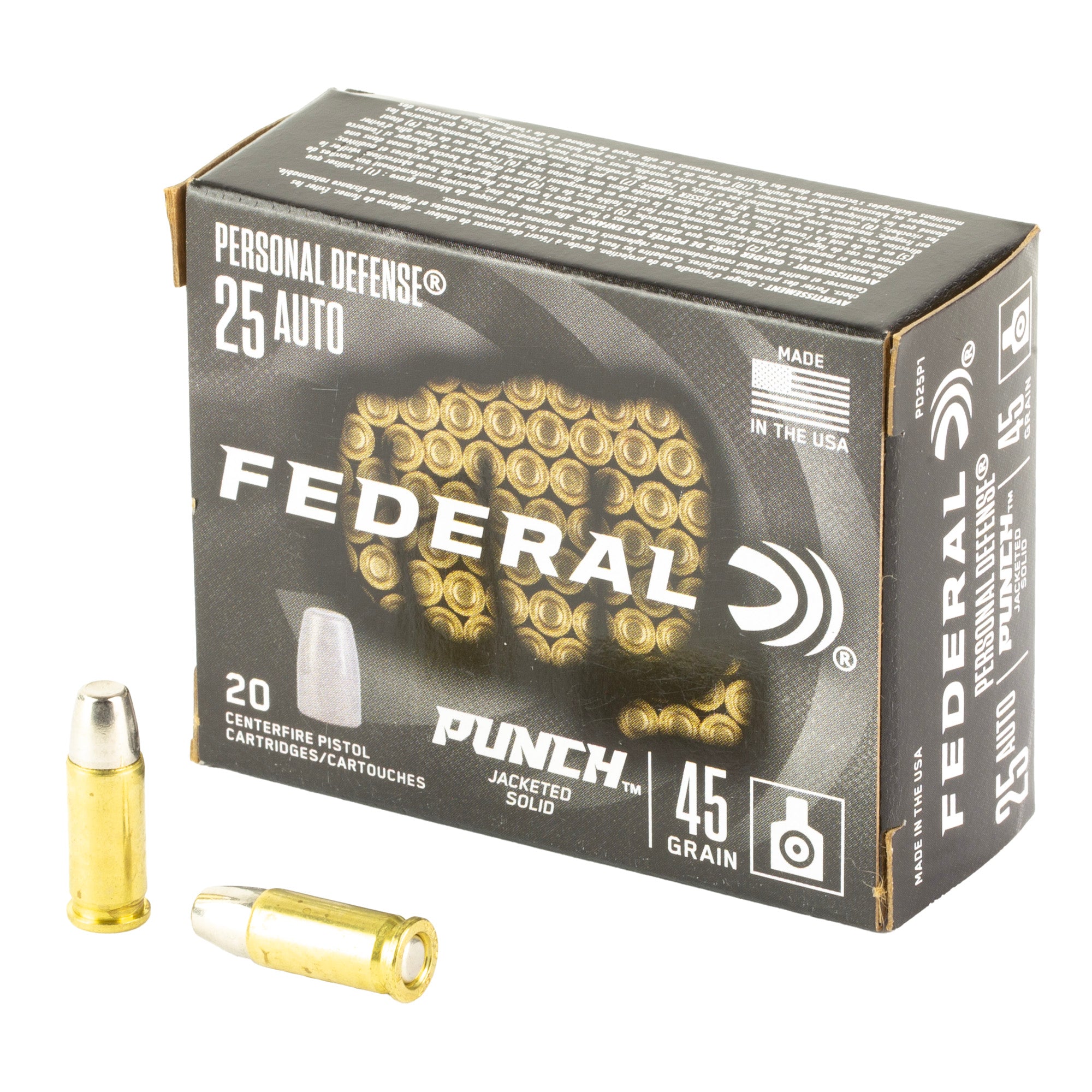 Federal Punch Personal Defense 25 Auto 45 Grain Solid Point Ammunition - 20 Rounds per Box