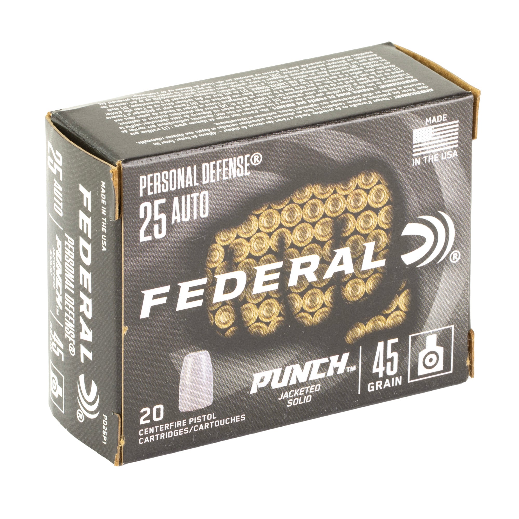 Federal Punch Personal Defense 25 Auto 45 Grain Solid Point Ammunition - 20 Rounds per Box