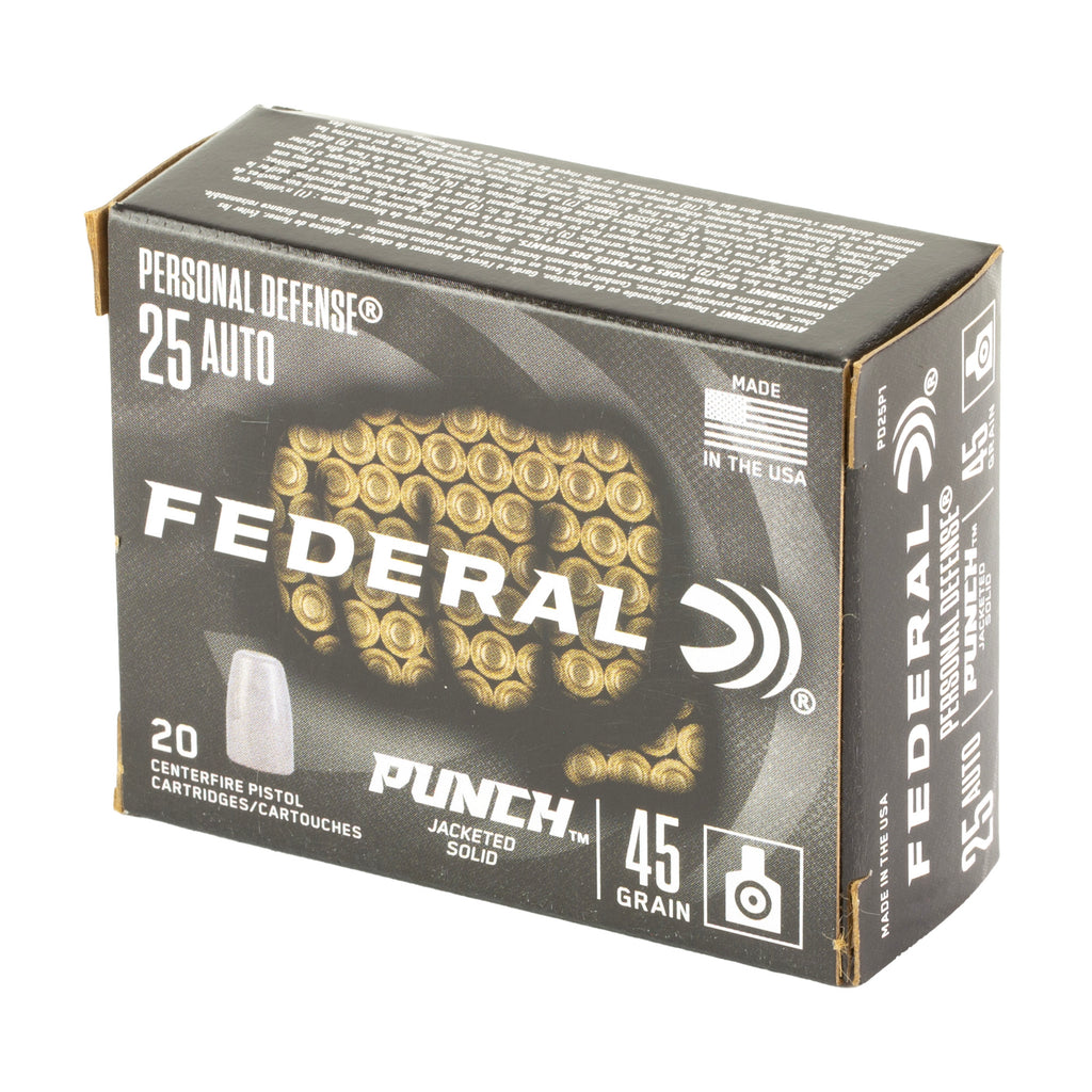 Federal Punch Personal Defense 25 Auto 45 Grain Solid Point Ammunition - 20 Rounds per Box