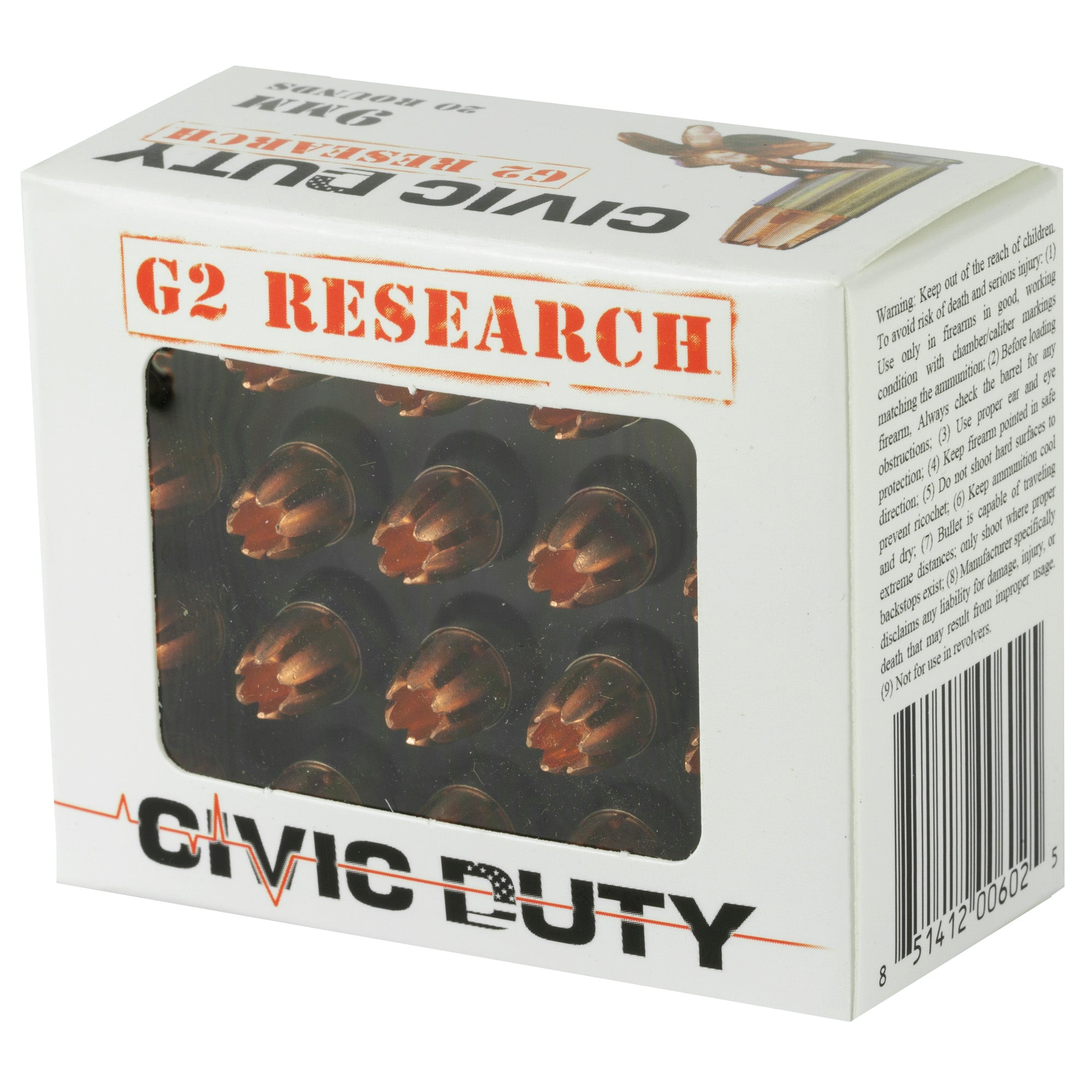G2 Research Civic Duty 9mm 94 Grain Copper Self-Defense Ammunition (20 Rounds)