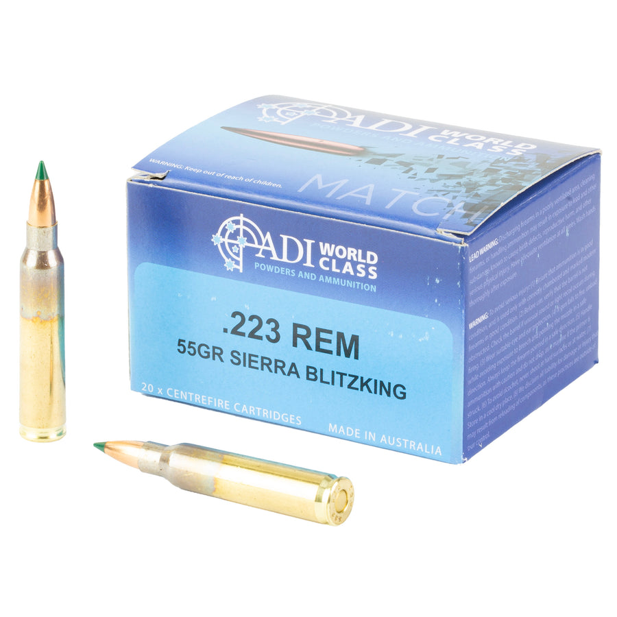 Adi World Class Ammunition Match, Sierra Blitzking Boat-Tail, 223 Remington, 55 Grain, Brass Cased, 20 Round Box