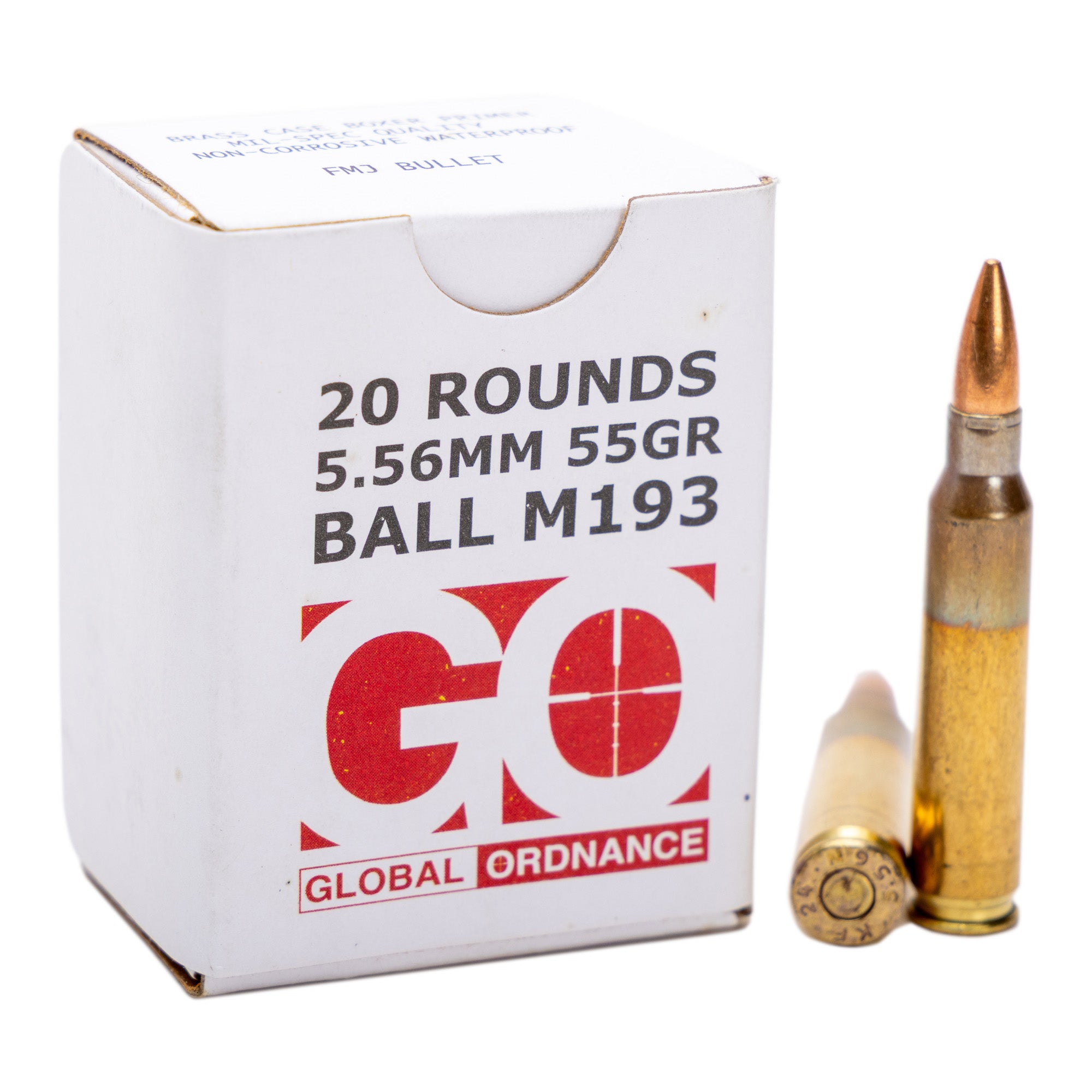 Global Ordnance GO850003223346 556 NATO M193 55 Grain Full Metal Jacket Ammunition - 20 Rounds Per Box, 1000 Rounds Per Case
