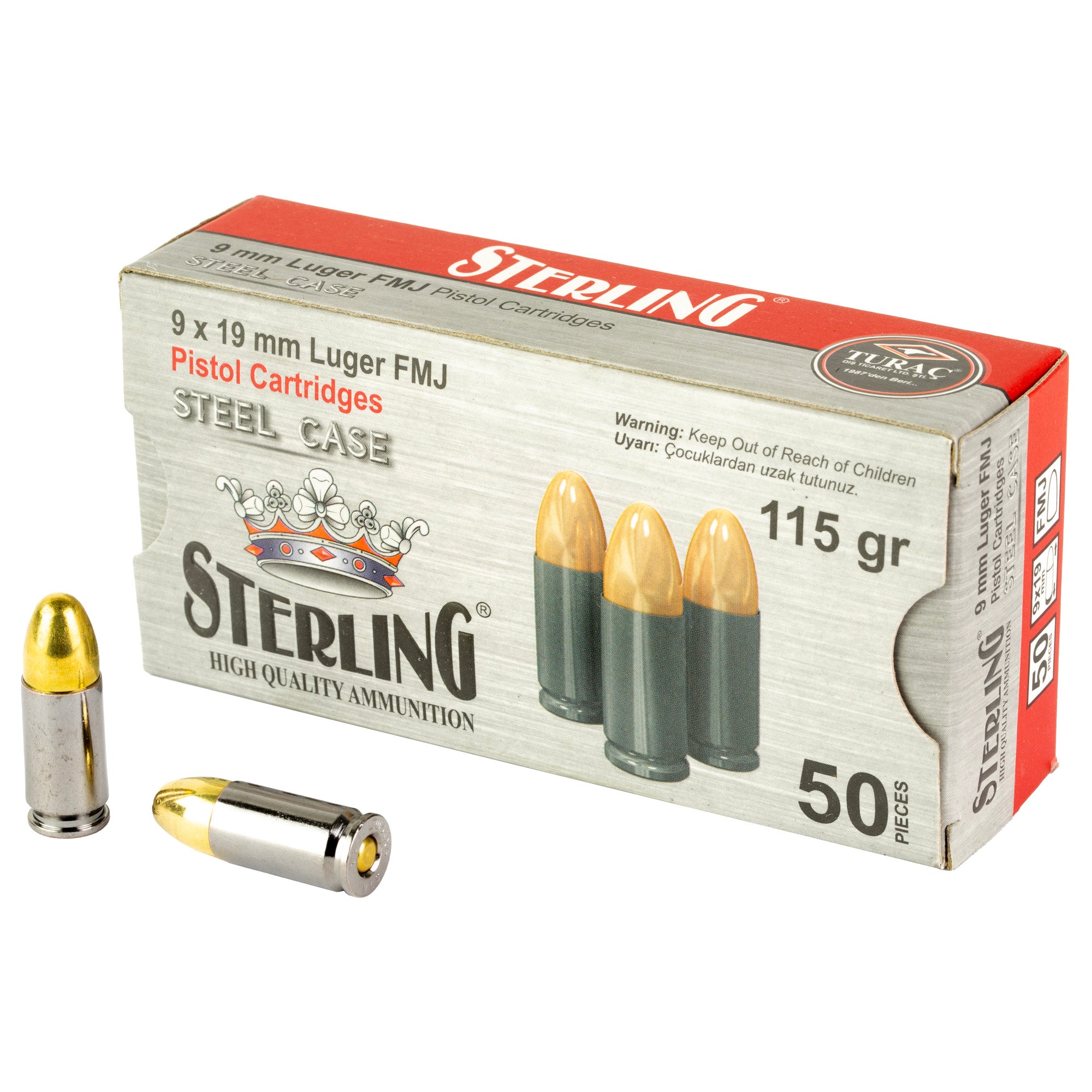 Sterling 9mm 115 Grain FMJ Steel Case Ammunition - Model SRL8698779957674