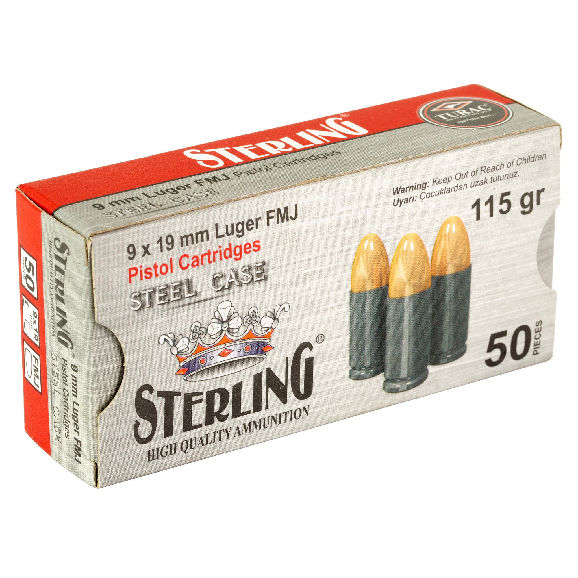 Sterling 9mm 115 Grain FMJ Steel Case Ammunition - Model SRL8698779957674