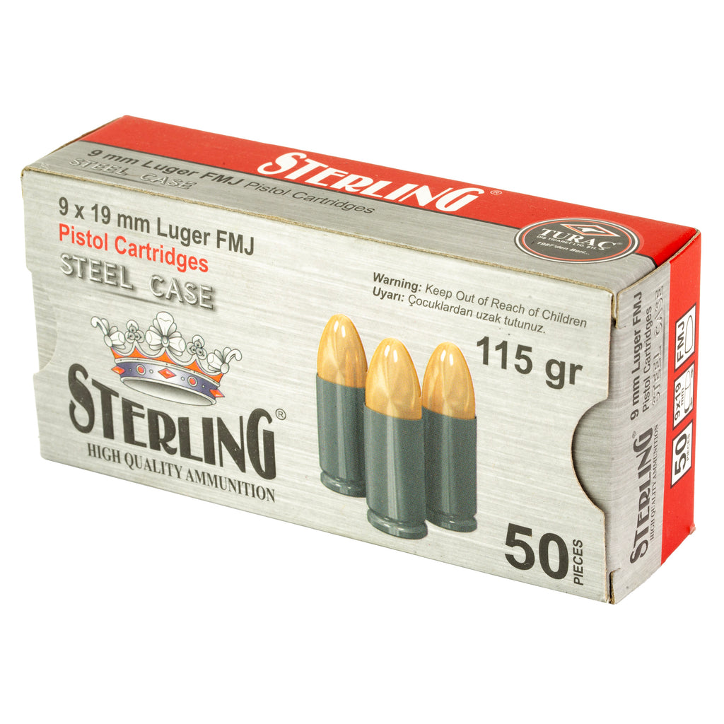 Sterling 9mm 115 Grain FMJ Steel Case Ammunition - Model SRL8698779957674