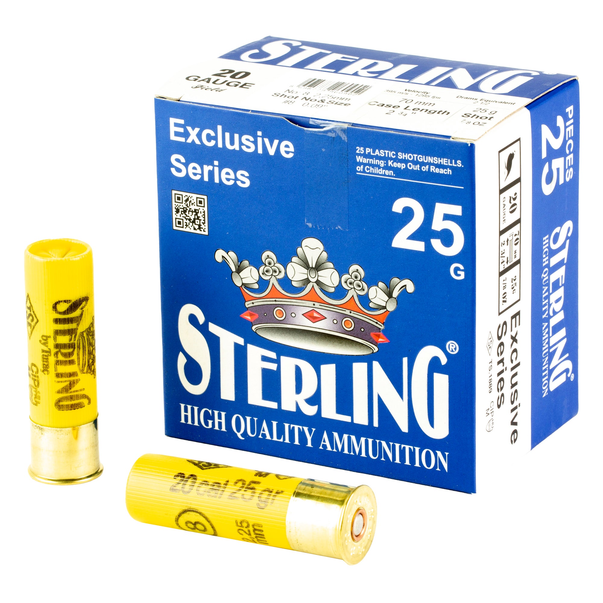 Sterling Exclusive Series 20 Gauge 2.75-inch #8 Shot Ammunition - 7/8 oz, 25 Rounds per Box