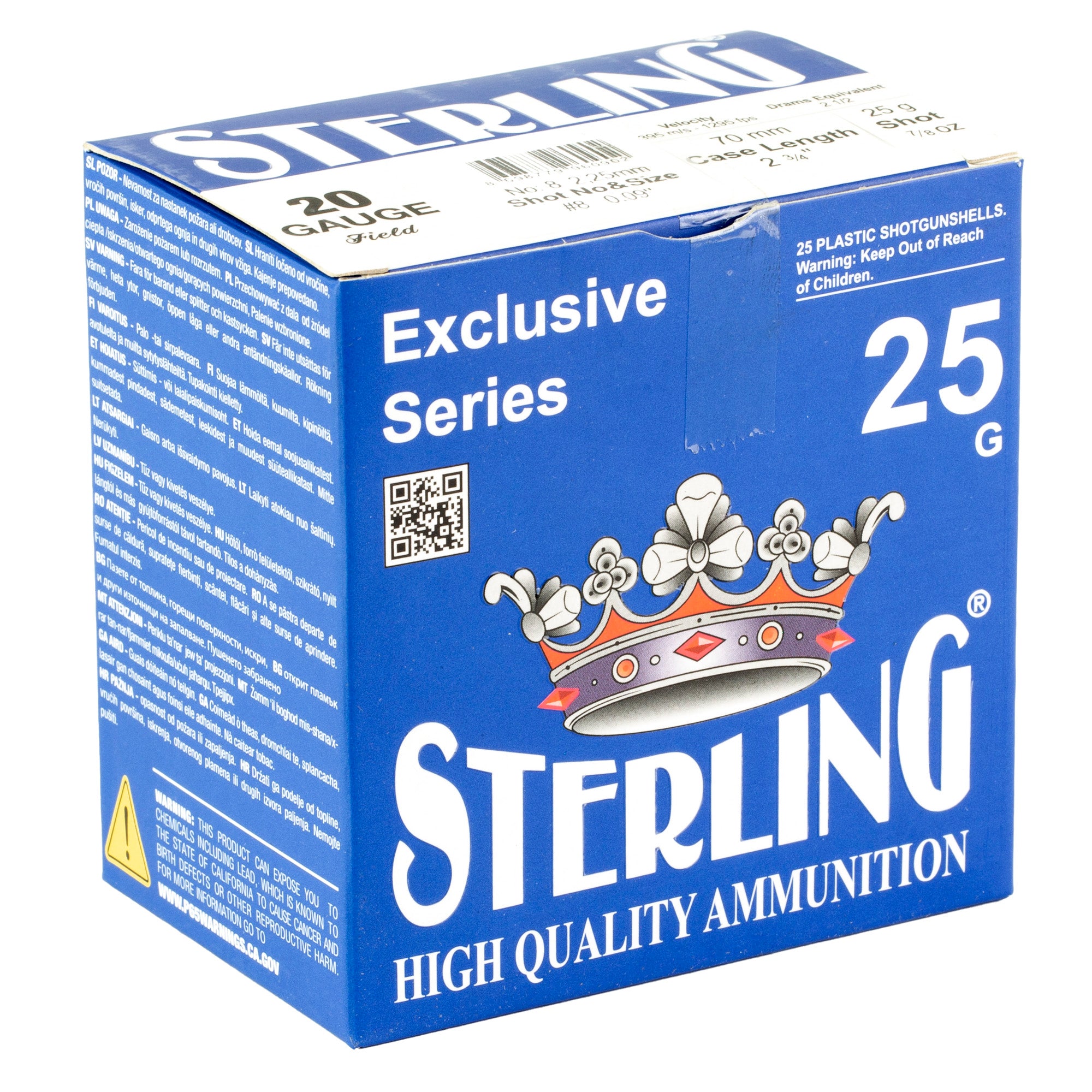 Sterling Exclusive Series 20 Gauge 2.75-inch #8 Shot Ammunition - 7/8 oz, 25 Rounds per Box