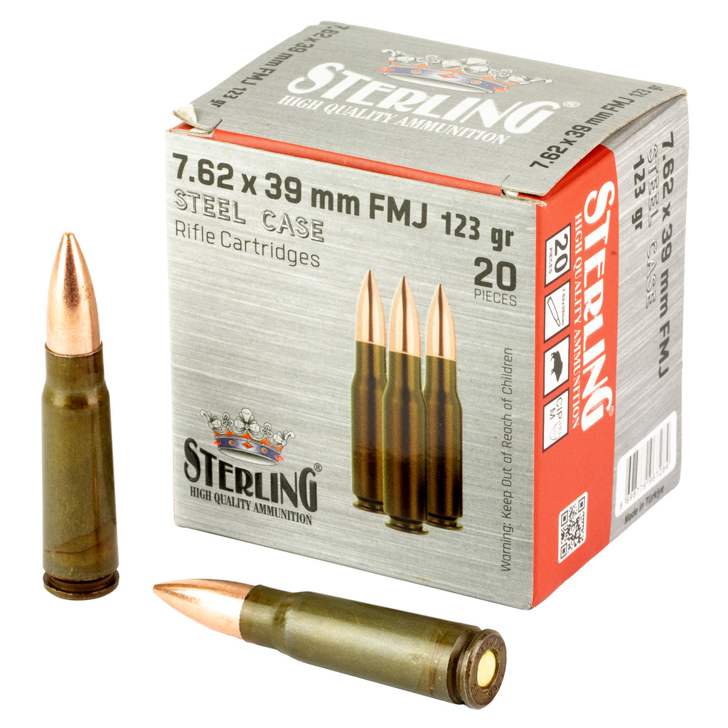 Sterling 7.62x39mm FMJ Rifle Ammunition – 123 Grain, Non-Reloadable, 20 Rounds per Box