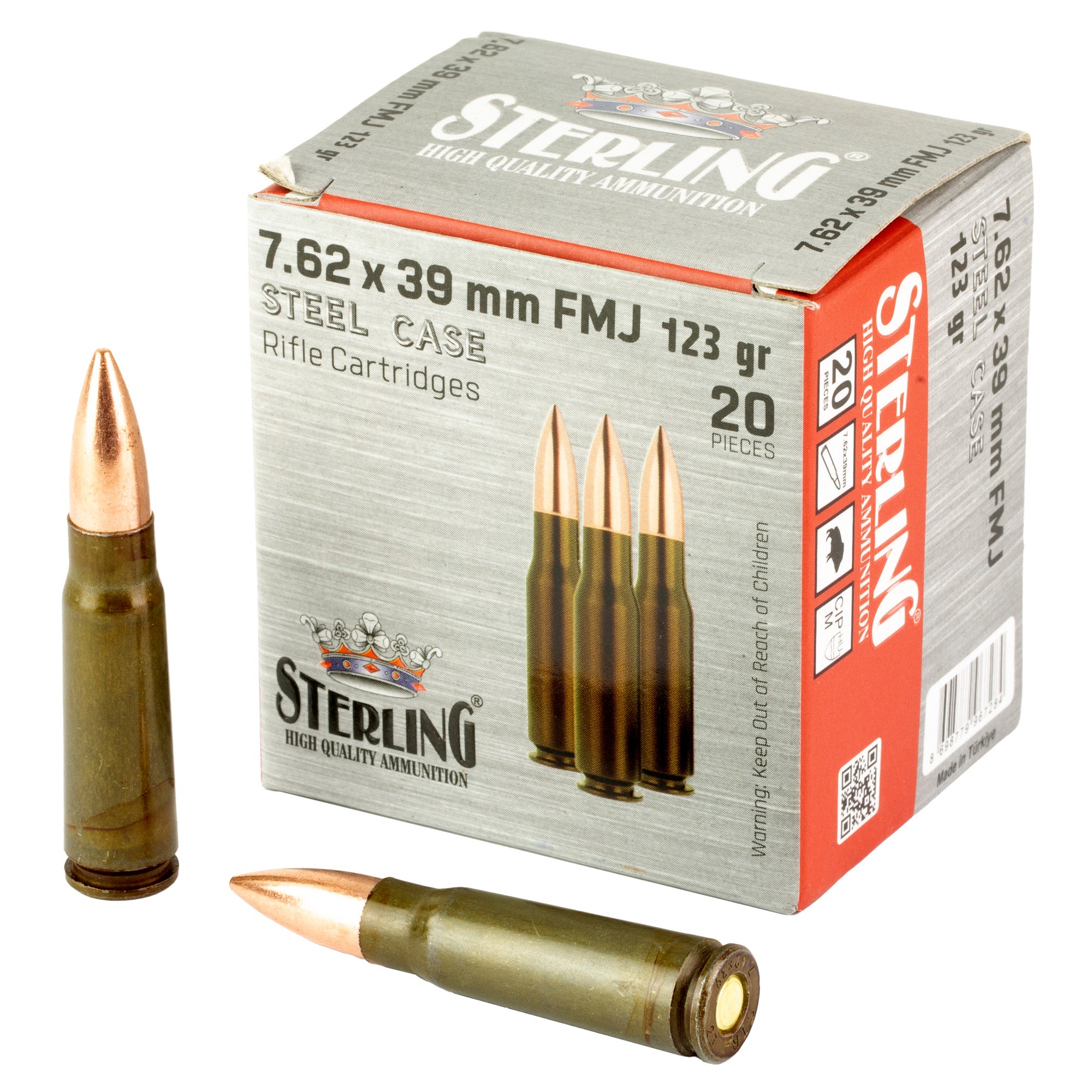 Sterling 7.62x39mm FMJ Rifle Ammunition – 123 Grain, Non-Reloadable, 20 Rounds per Box