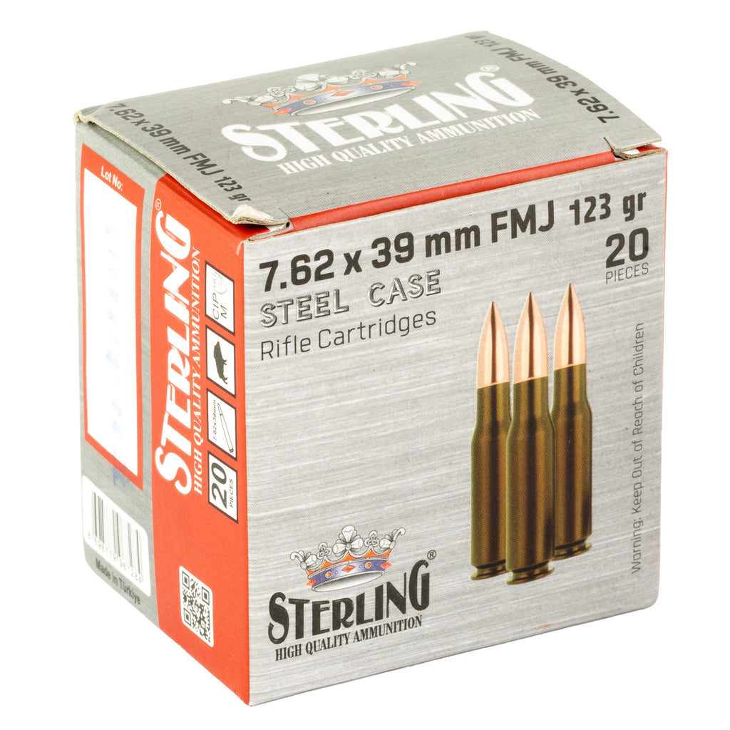 Sterling 7.62x39mm FMJ Rifle Ammunition – 123 Grain, Non-Reloadable, 20 Rounds per Box