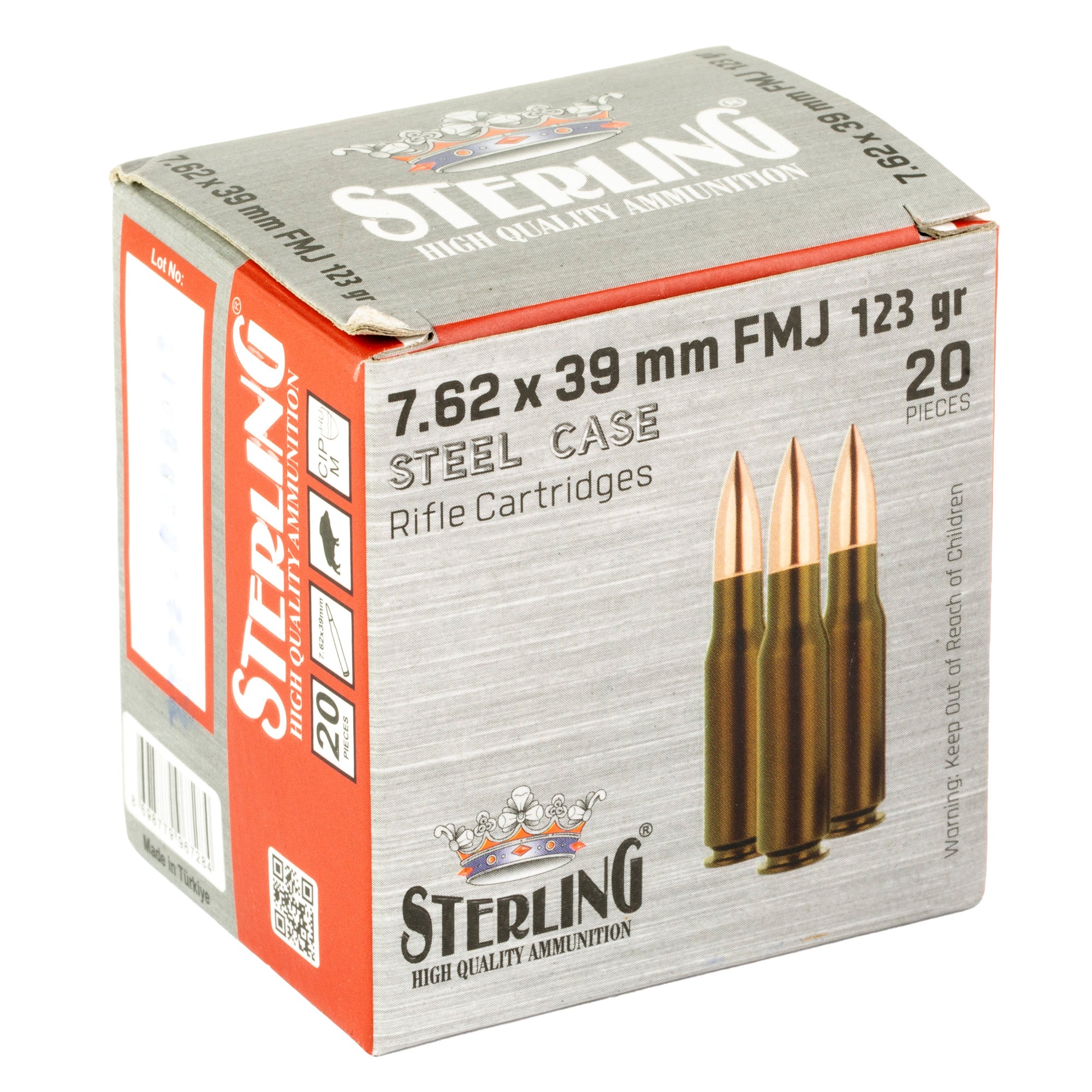 Sterling 7.62x39mm FMJ Rifle Ammunition – 123 Grain, Non-Reloadable, 20 Rounds per Box