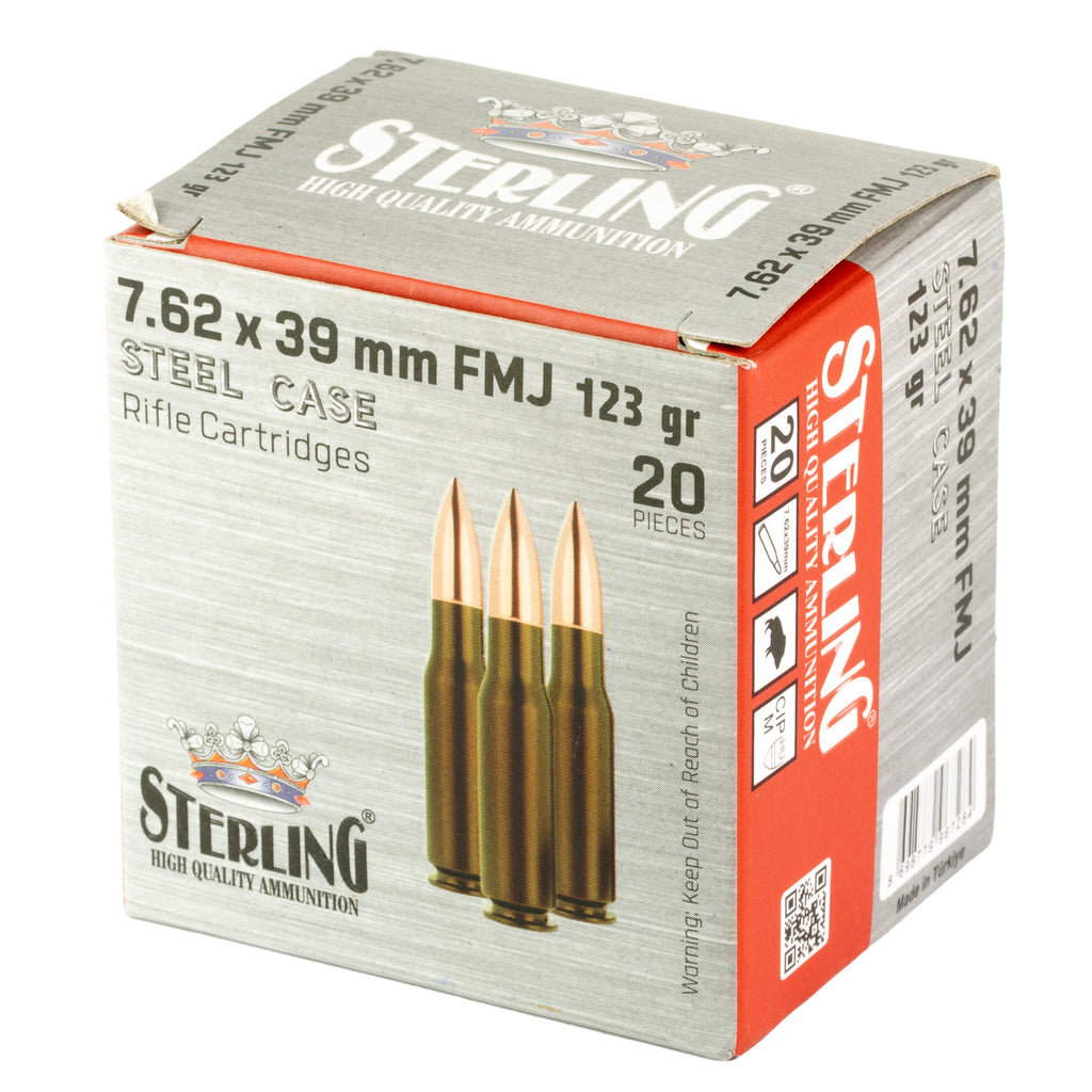 Sterling 7.62x39mm FMJ Rifle Ammunition – 123 Grain, Non-Reloadable, 20 Rounds per Box