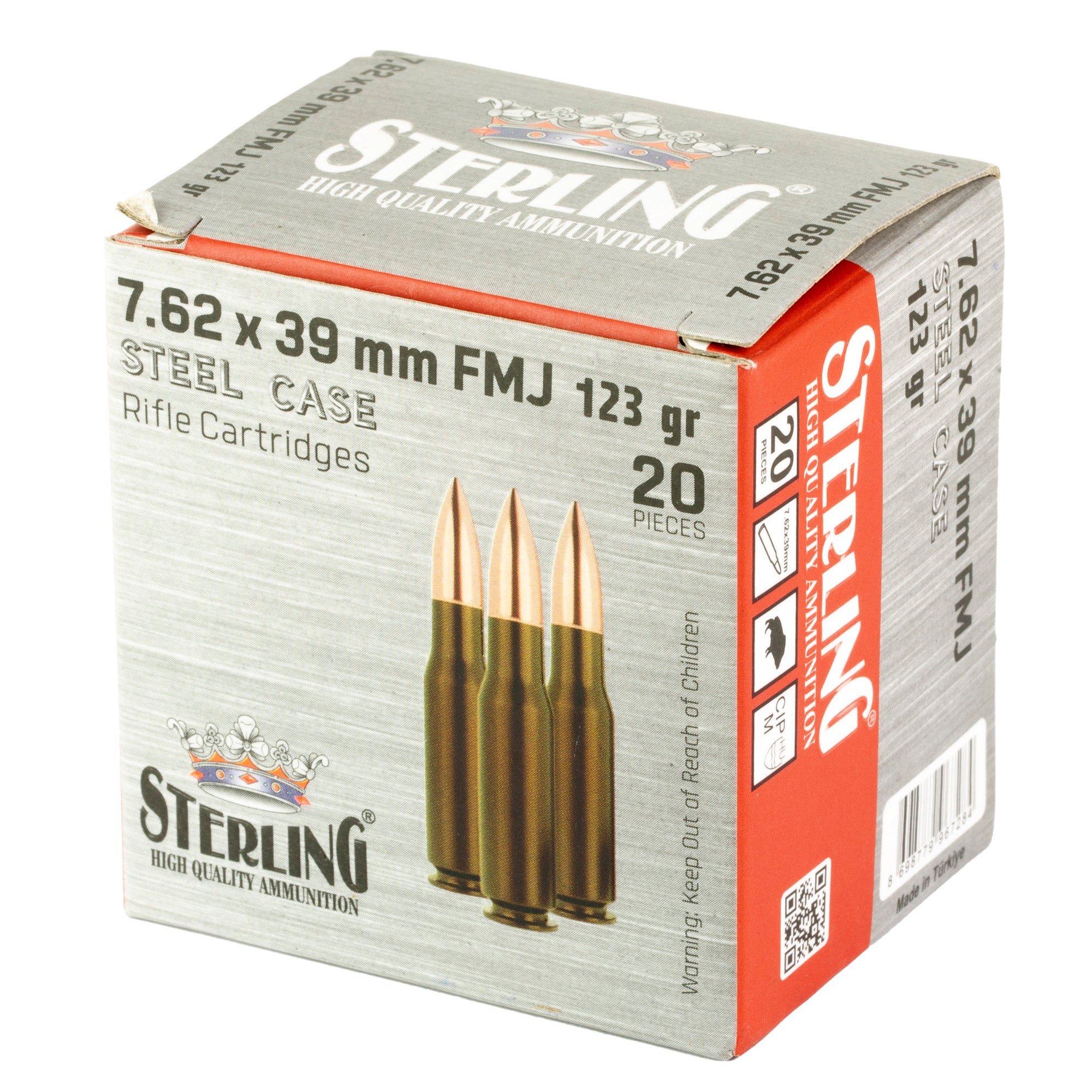 Sterling 7.62x39mm FMJ Rifle Ammunition – 123 Grain, Non-Reloadable, 20 Rounds per Box