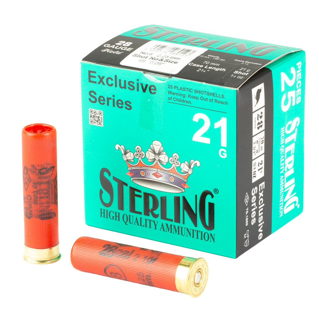 Sterling Exclusive Series 28 Gauge 2.75-Inch #8 Shot Ammunition - 3/4 Oz, 25 Rounds per Box