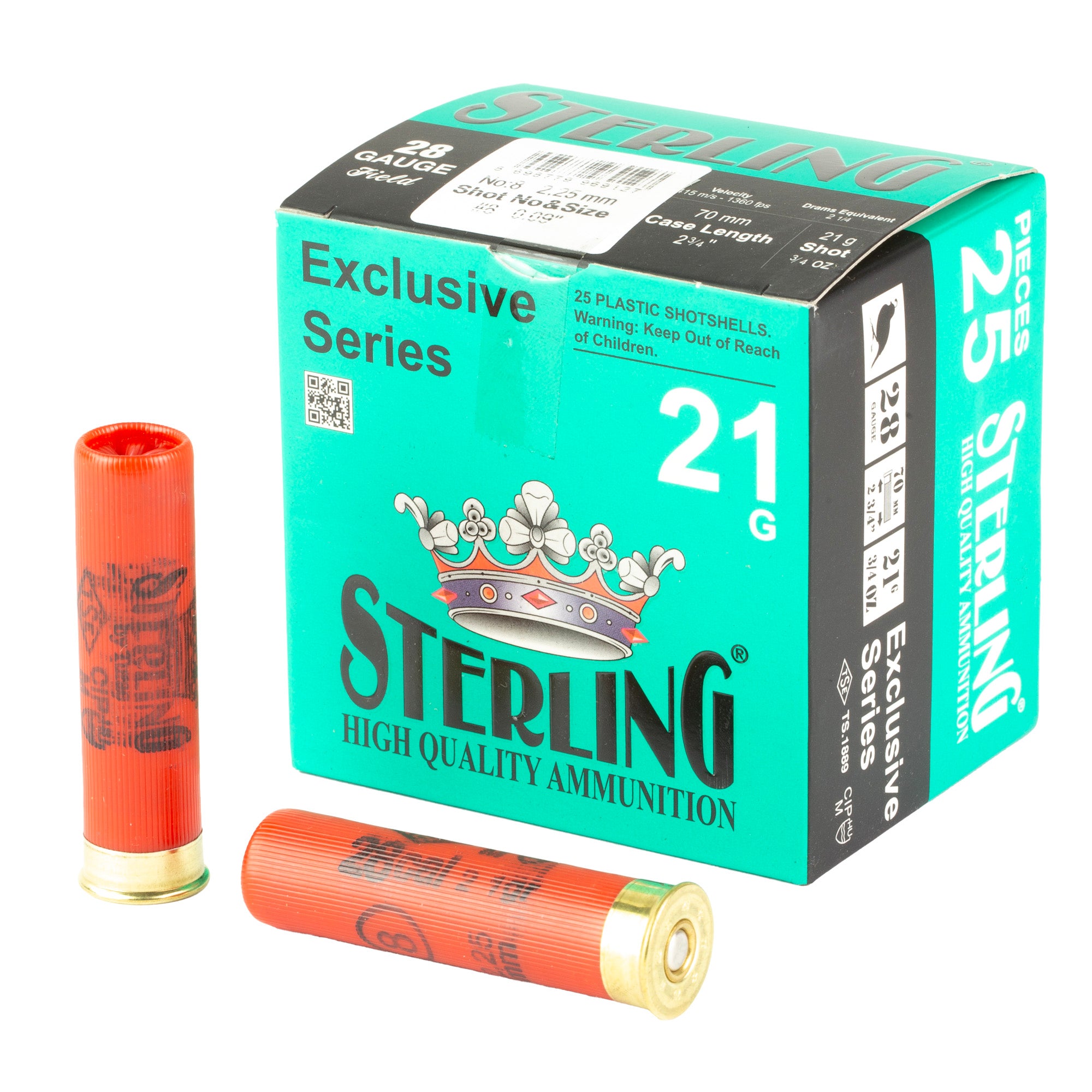 Sterling Exclusive Series 28 Gauge 2.75-Inch #8 Shot Ammunition - 3/4 Oz, 25 Rounds per Box