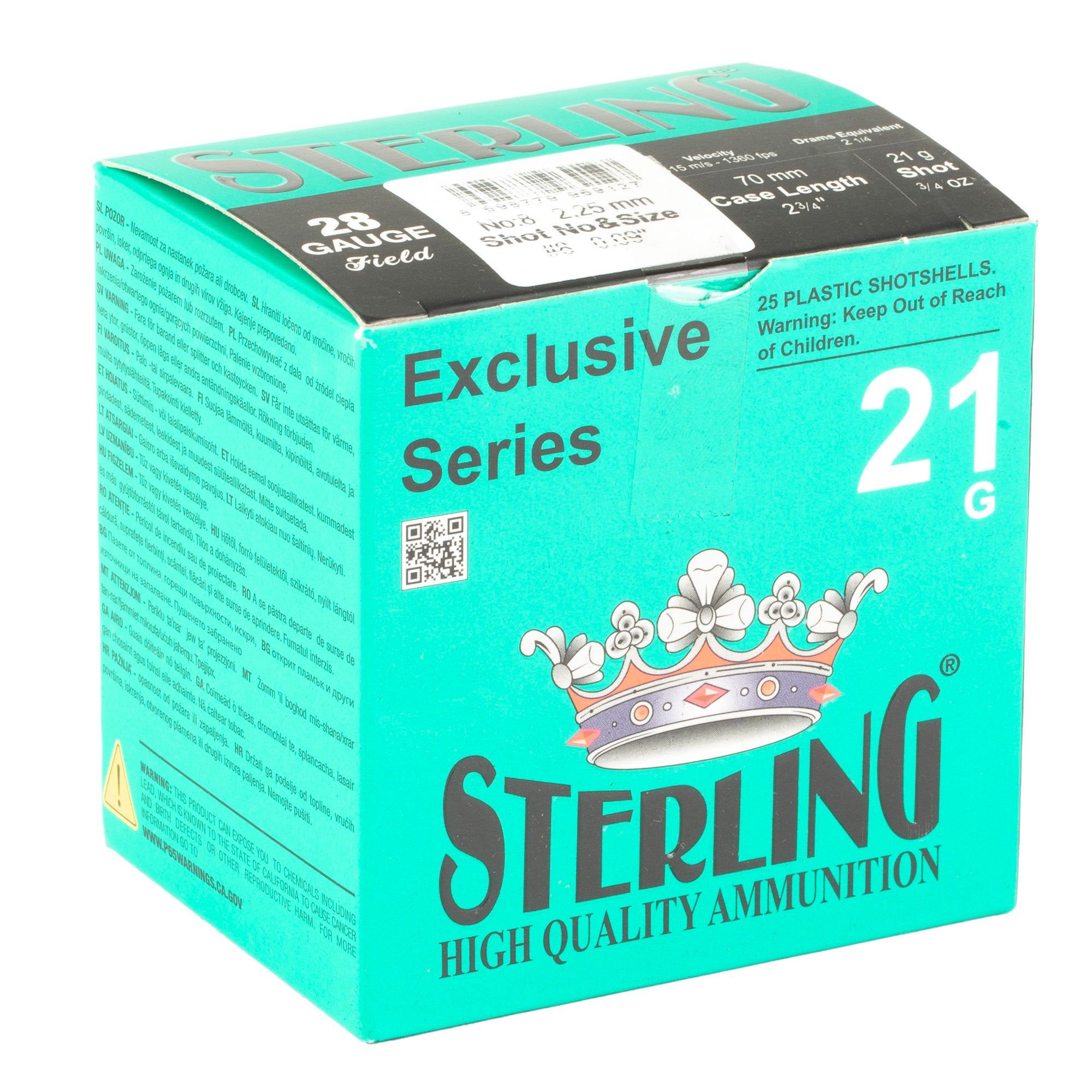 Sterling Exclusive Series 28 Gauge 2.75-Inch #8 Shot Ammunition - 3/4 Oz, 25 Rounds per Box