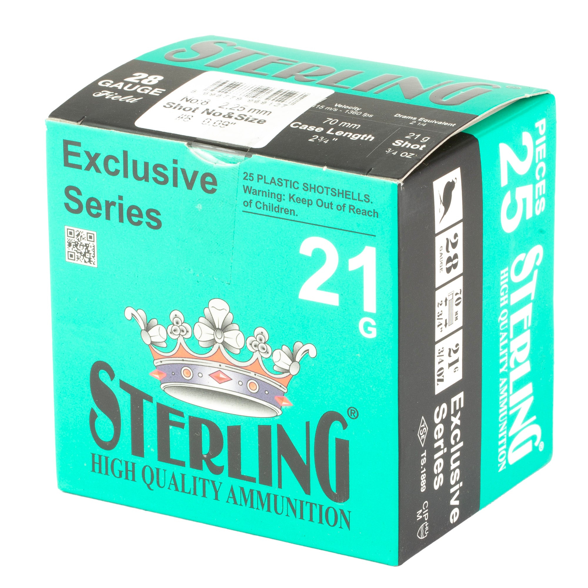 Sterling Exclusive Series 28 Gauge 2.75-Inch #8 Shot Ammunition - 3/4 Oz, 25 Rounds per Box
