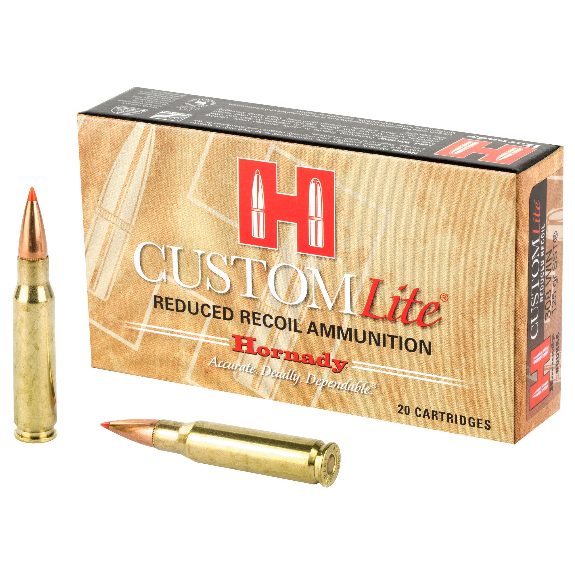 Hornady Custom Lite 308 Winchester 125 Grain SST Ammunition - Reduced Recoil for Comfortable Shooting
