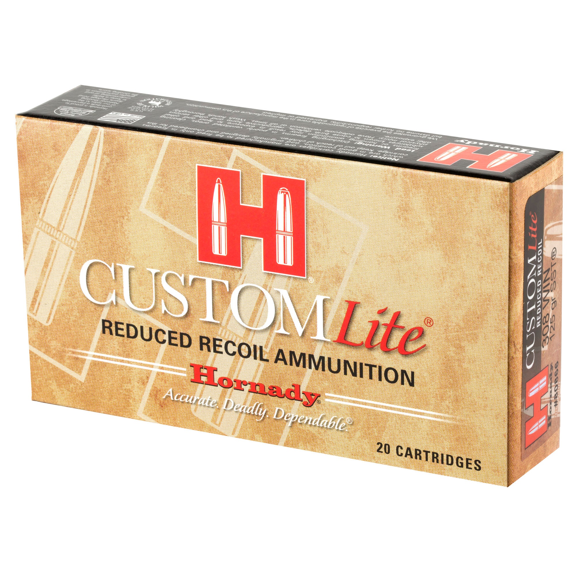 Hornady Custom Lite 308 Winchester 125 Grain SST Ammunition - Reduced Recoil for Comfortable Shooting