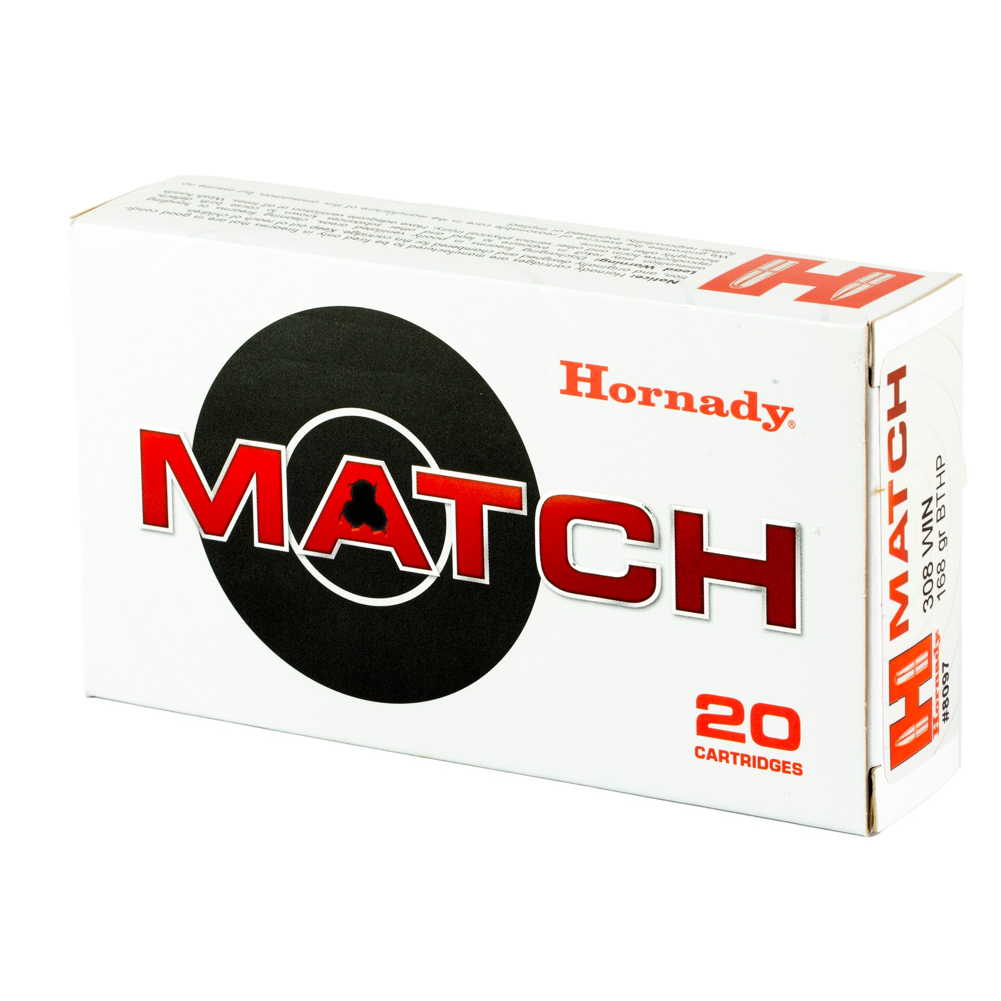 Hornady 308 Winchester 168 Grain Match Boat Tail Hollow Point Ammunition (Part #8097)