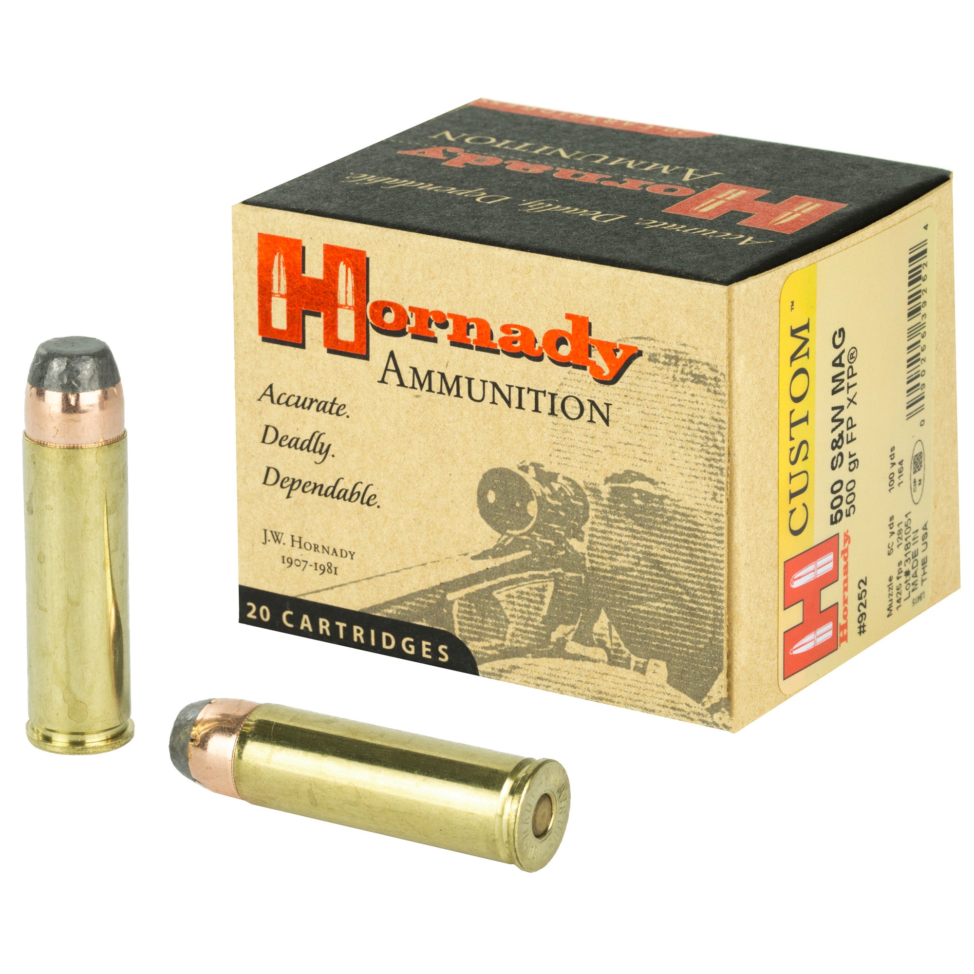 Hornady Custom 500 S&W 500-Grain XTP Full Metal Jacket Pistol Ammo - 20 Rounds per Box