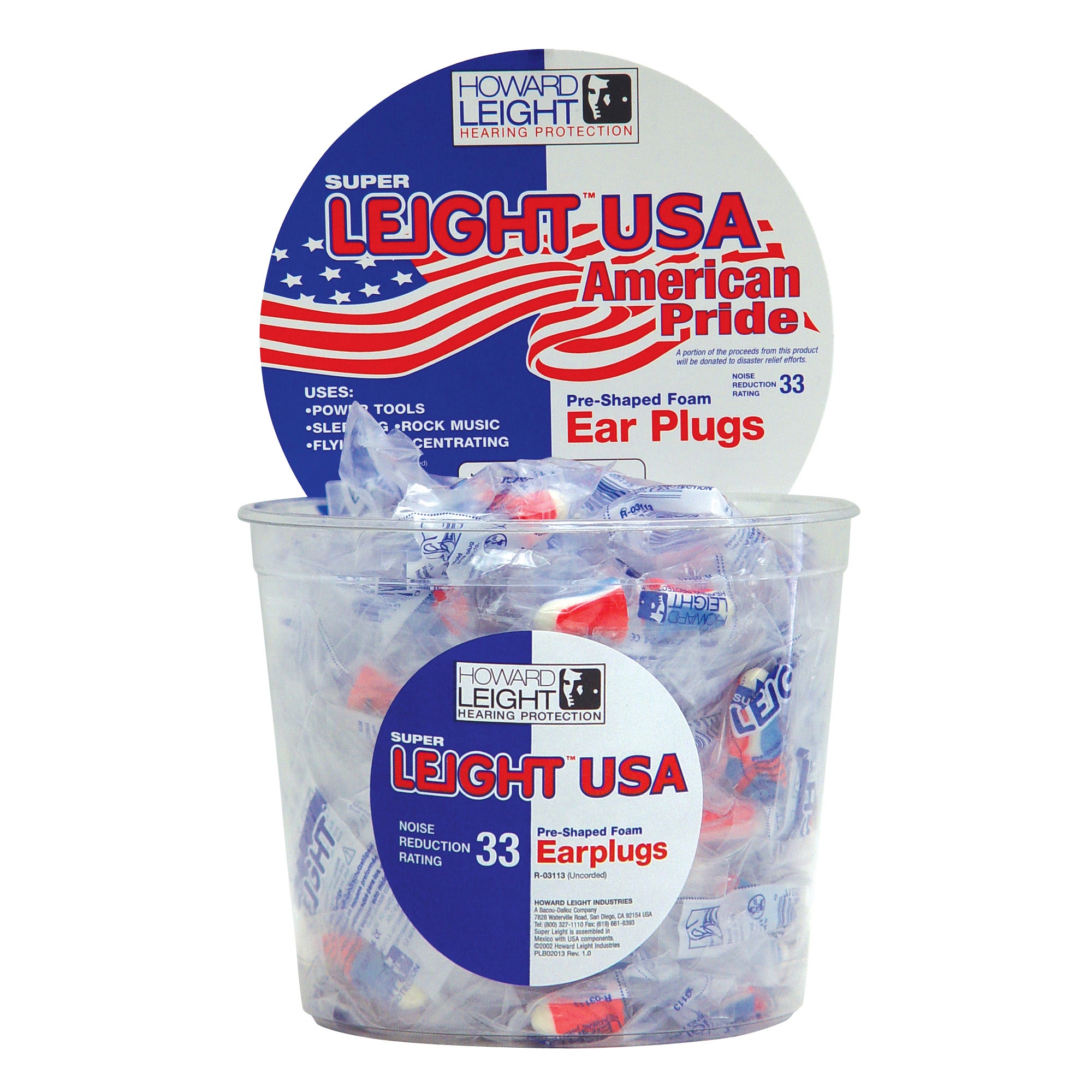 Howard Leight Super Leight Foam Earplugs - 100 Pair, Noise Reduction Rating 33, Comfortable Fit in Red, White, and Blue