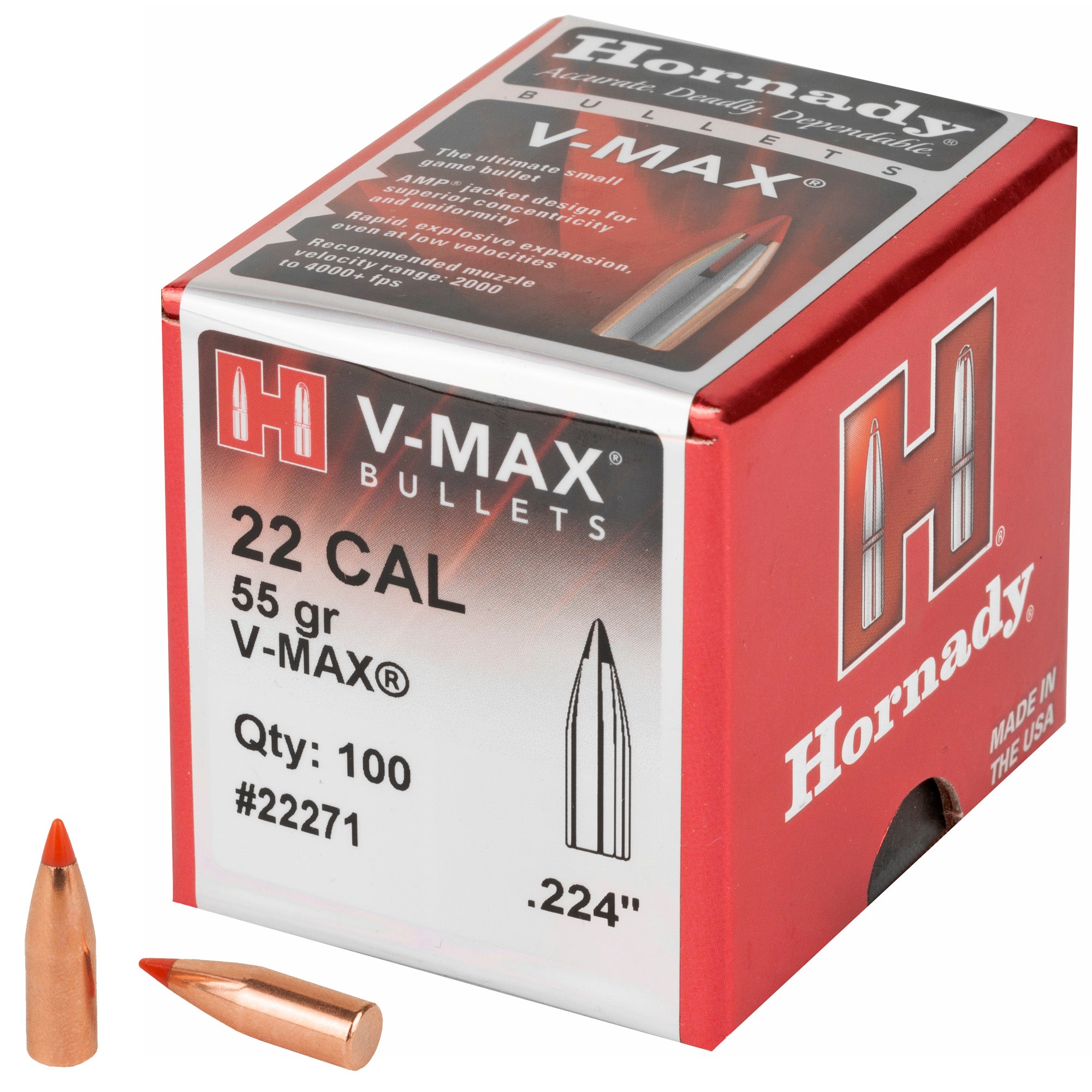 Hornady V-Max 22 Caliber .224 55 Grain Bullet - Pack of 100