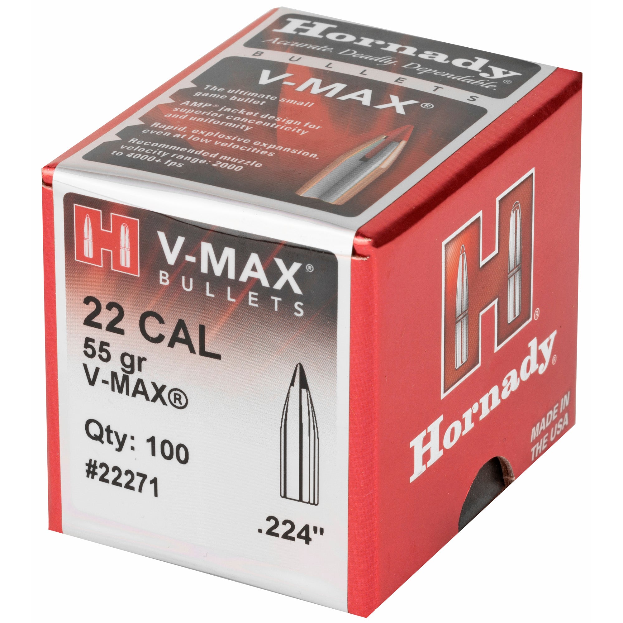 Hornady V-Max 22 Caliber .224 55 Grain Bullet - Pack of 100