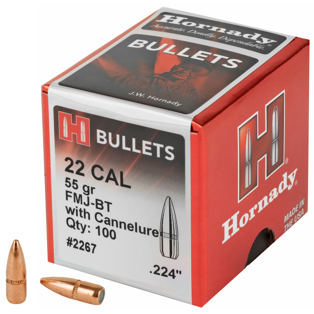 Hornady HRNDY 22 Caliber Full Metal Jacket Boat Tail Bullets (55 Grain, 100 Count)