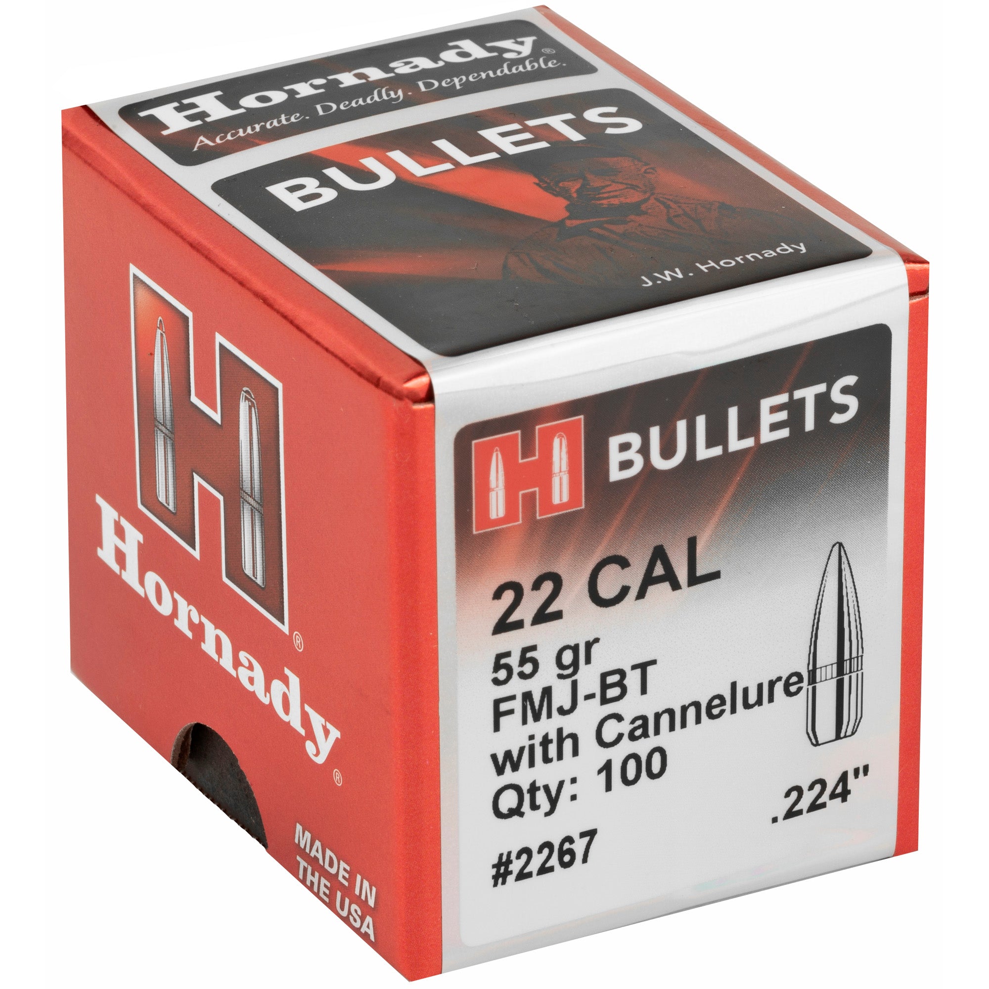 Hornady HRNDY 22 Caliber Full Metal Jacket Boat Tail Bullets (55 Grain, 100 Count)