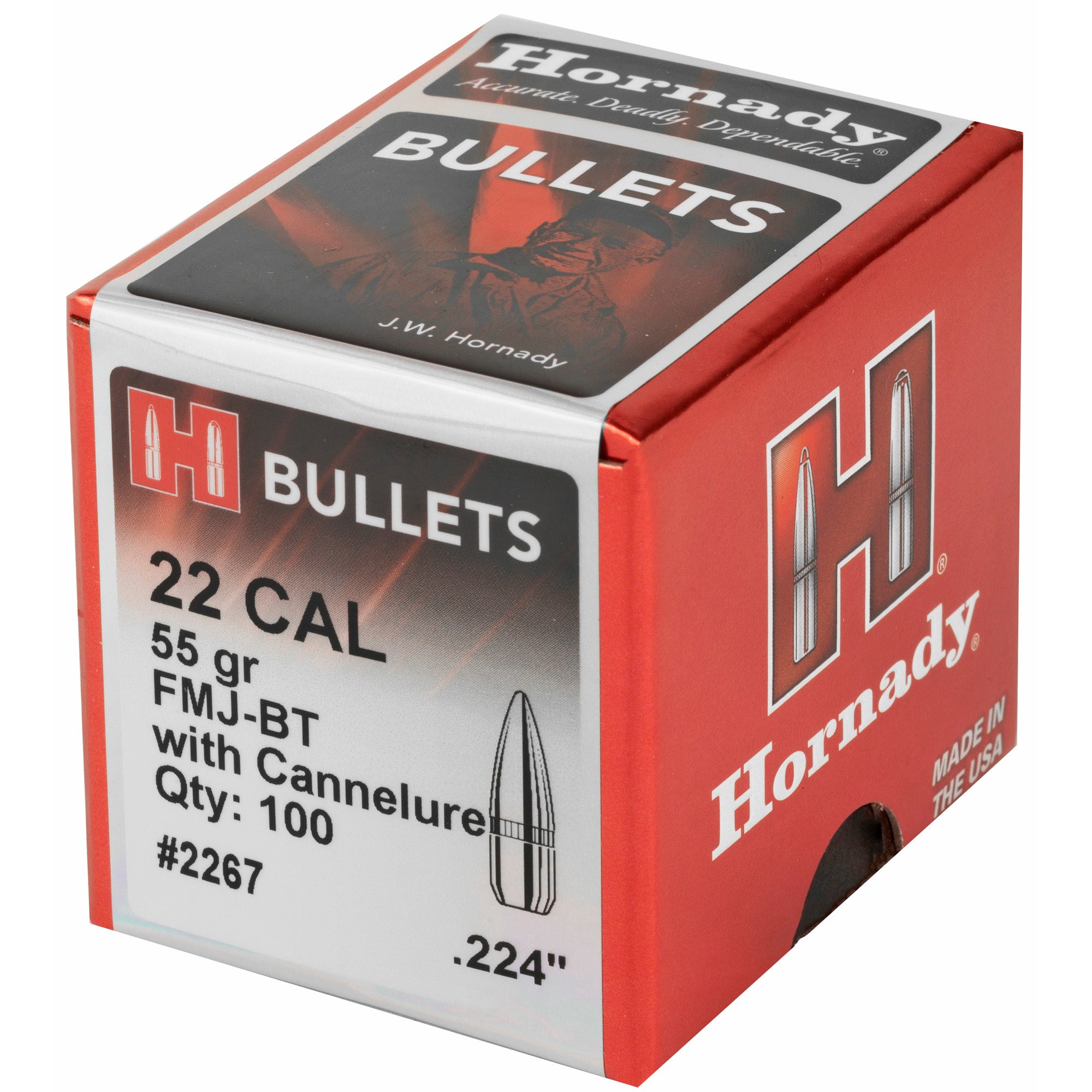 Hornady HRNDY 22 Caliber Full Metal Jacket Boat Tail Bullets (55 Grain, 100 Count)