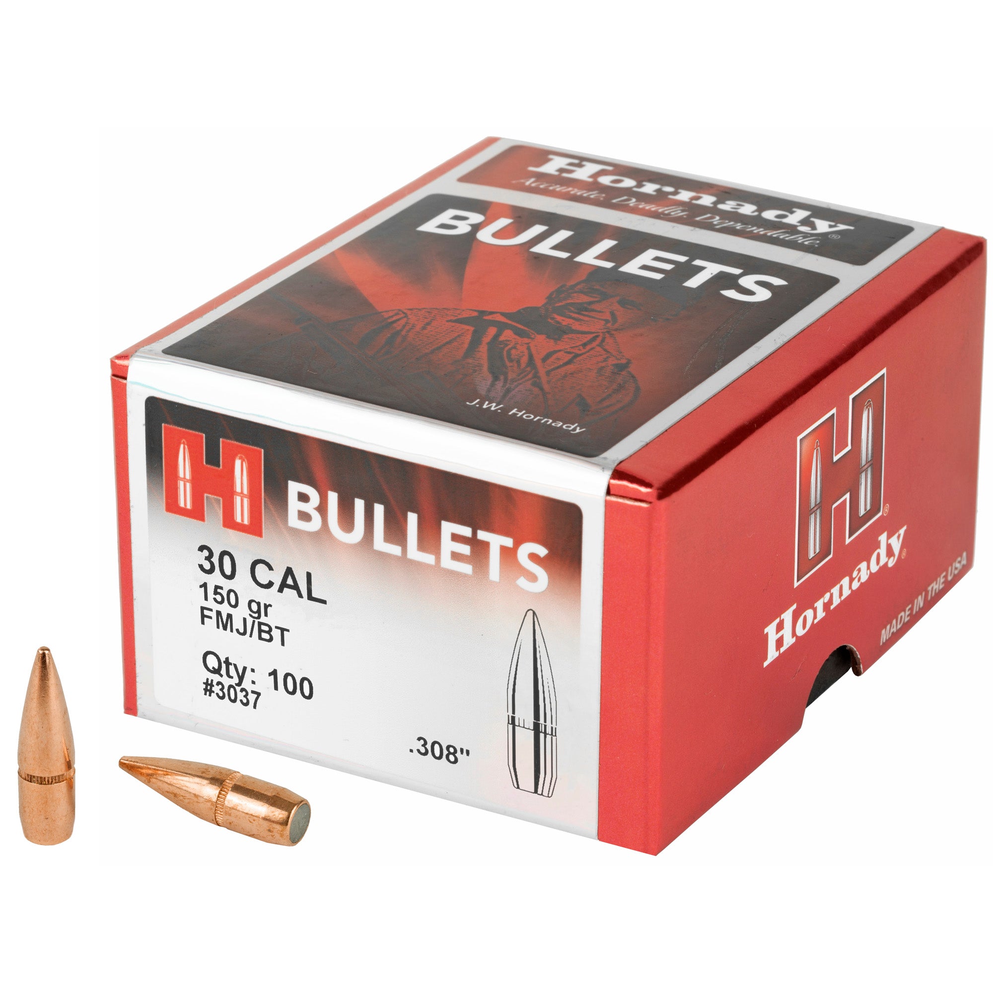 Hornady Full Metal Jacket Boat Tail 150 Grain for 30 Caliber (.308) - 100 Rounds