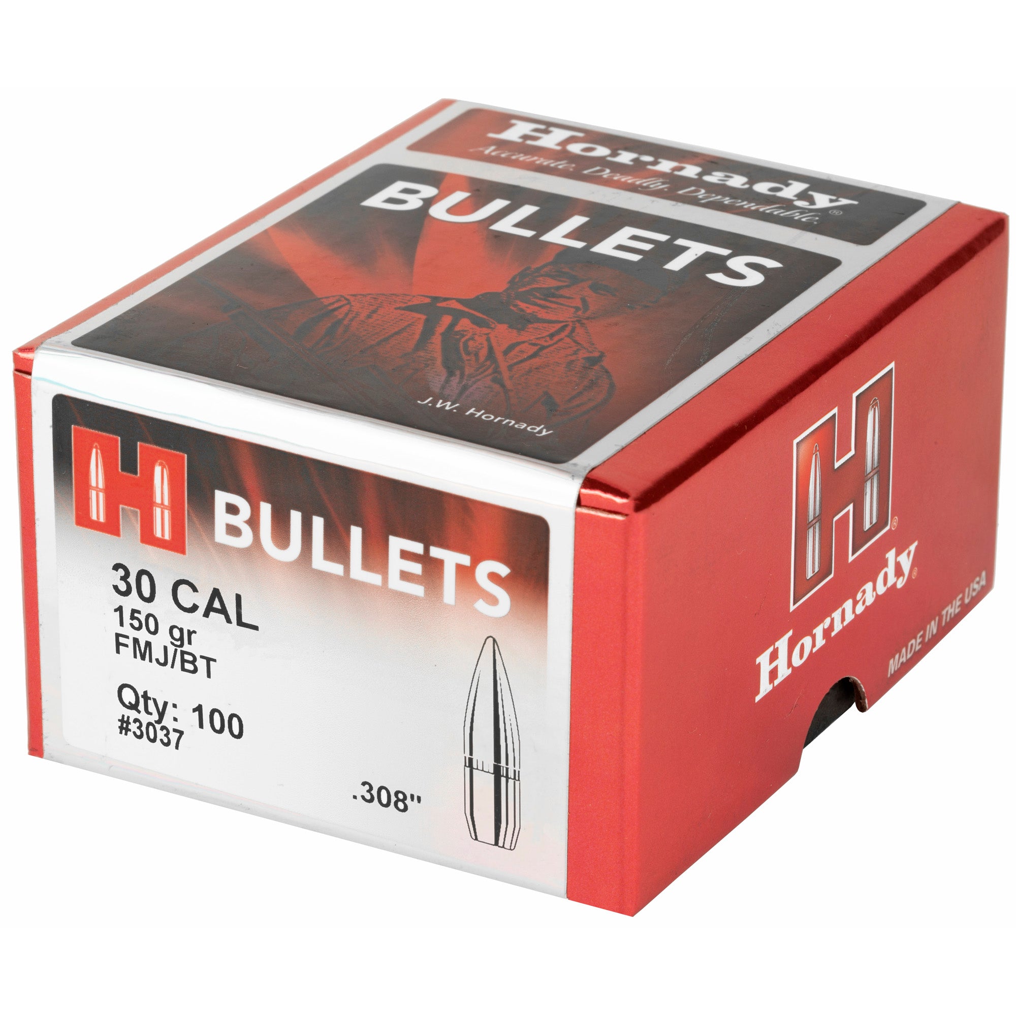 Hornady Full Metal Jacket Boat Tail 150 Grain for 30 Caliber (.308) - 100 Rounds