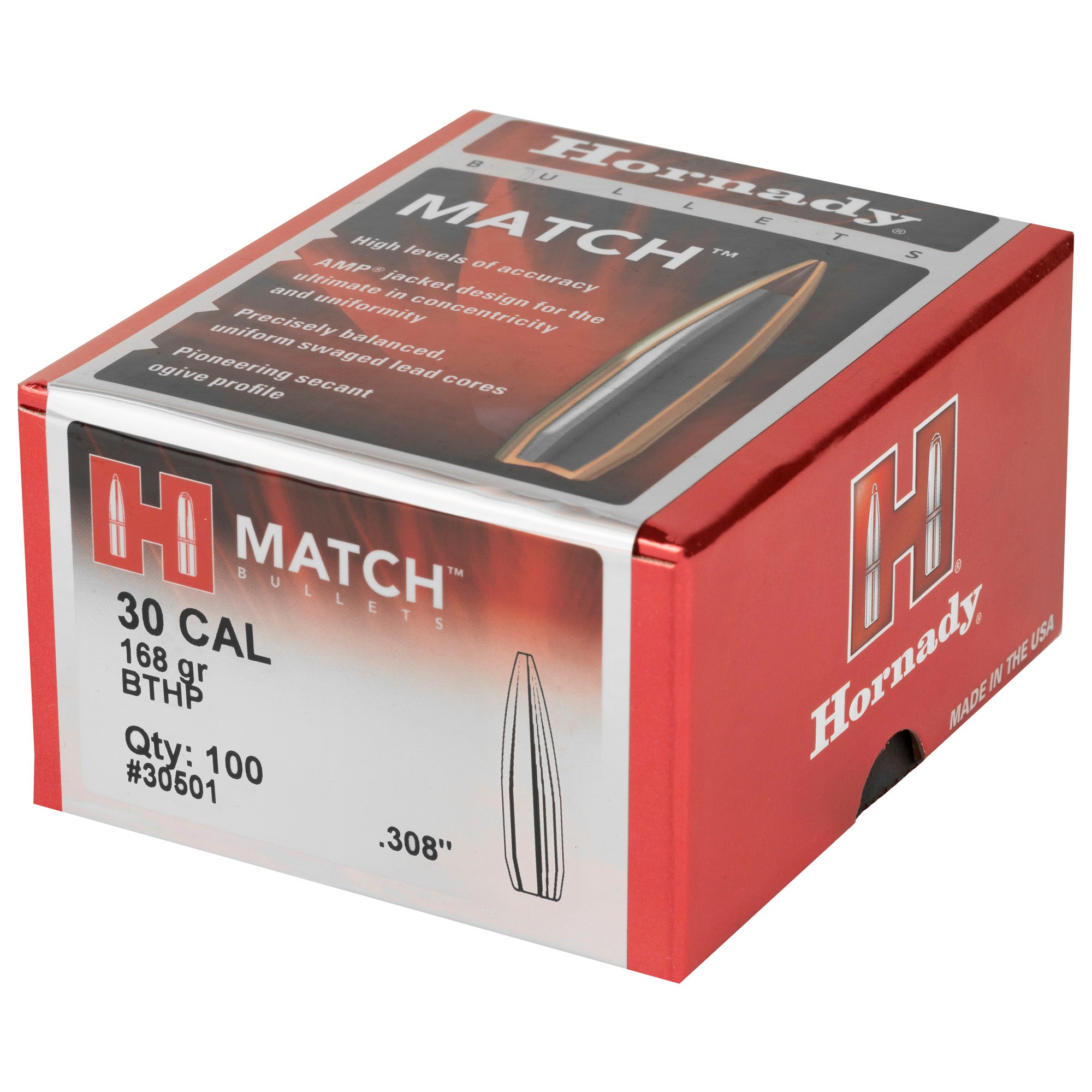 Hornady Match 30 Caliber .308 168 Grain Match Bullets - 100 Count Box