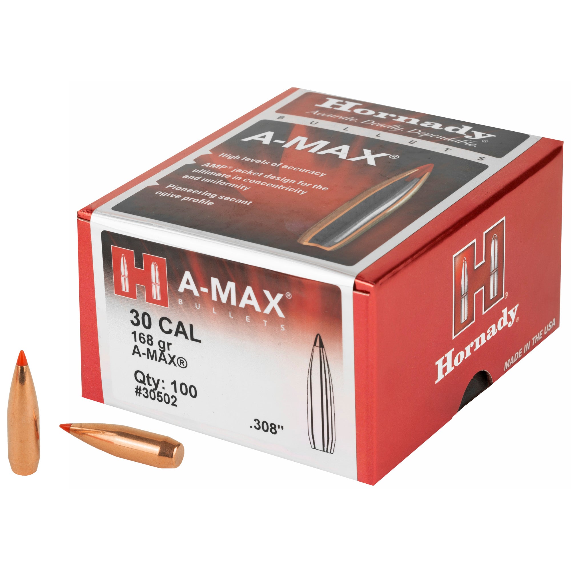 Hornady Match A-Max .30 Caliber 168 Grain Bullets - 100 Count