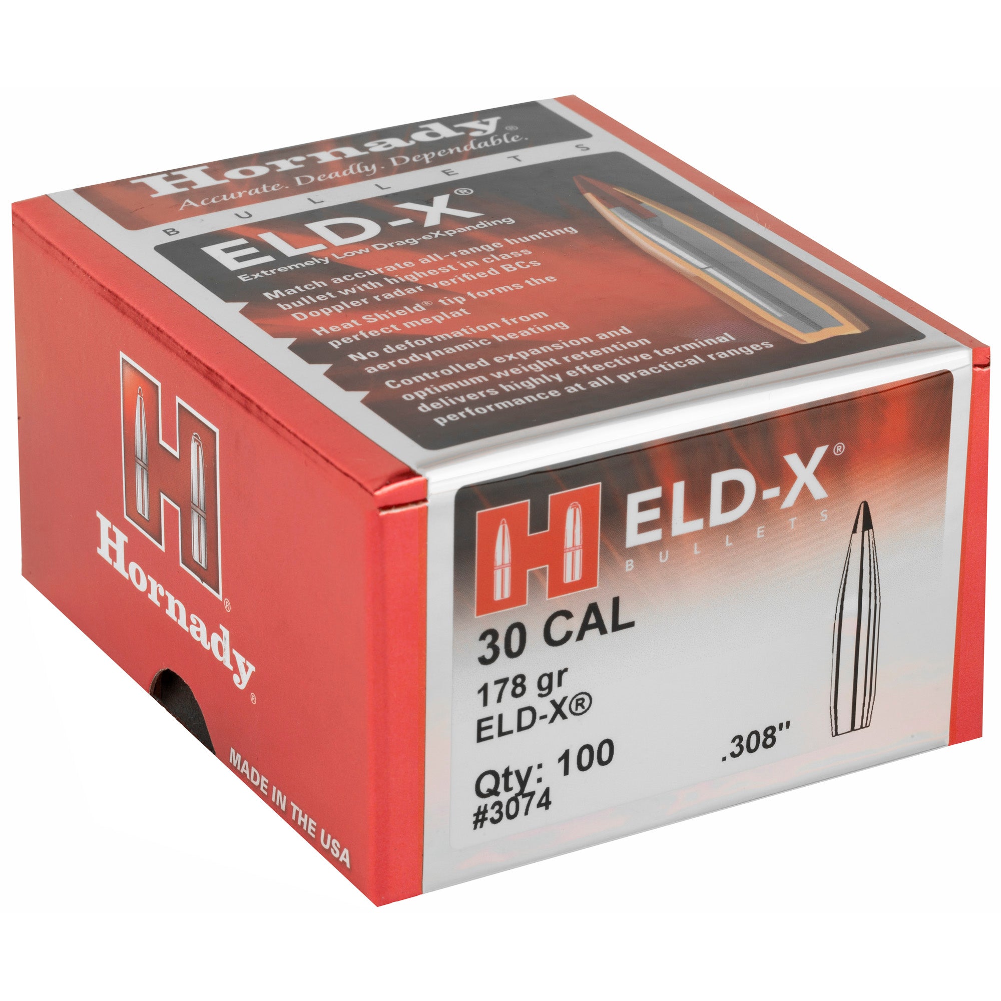 Hornady ELD-X 30 Caliber .308 178 Grain Boat Tail Hollow Point Bullets (100 Count)