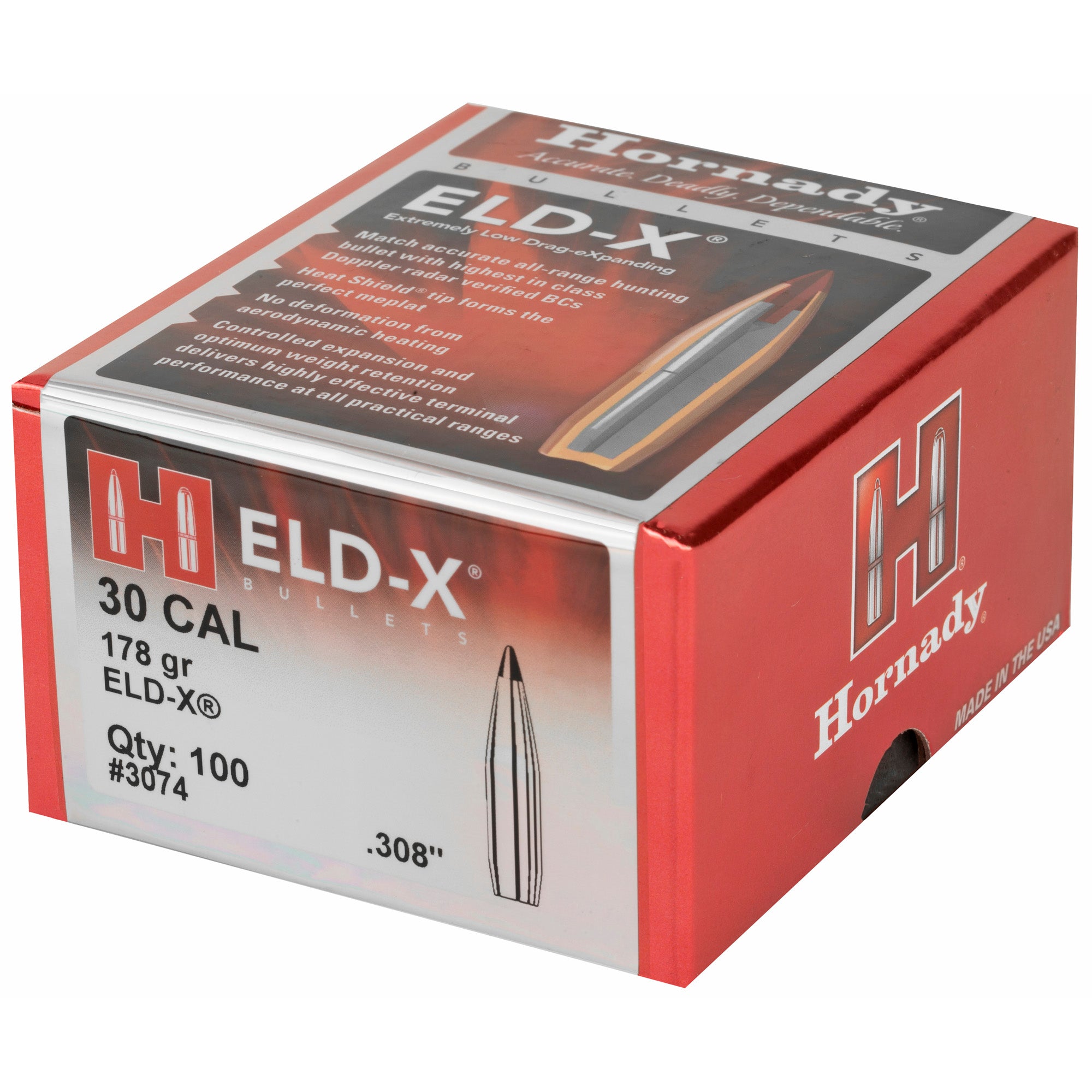 Hornady ELD-X 30 Caliber .308 178 Grain Boat Tail Hollow Point Bullets (100 Count)