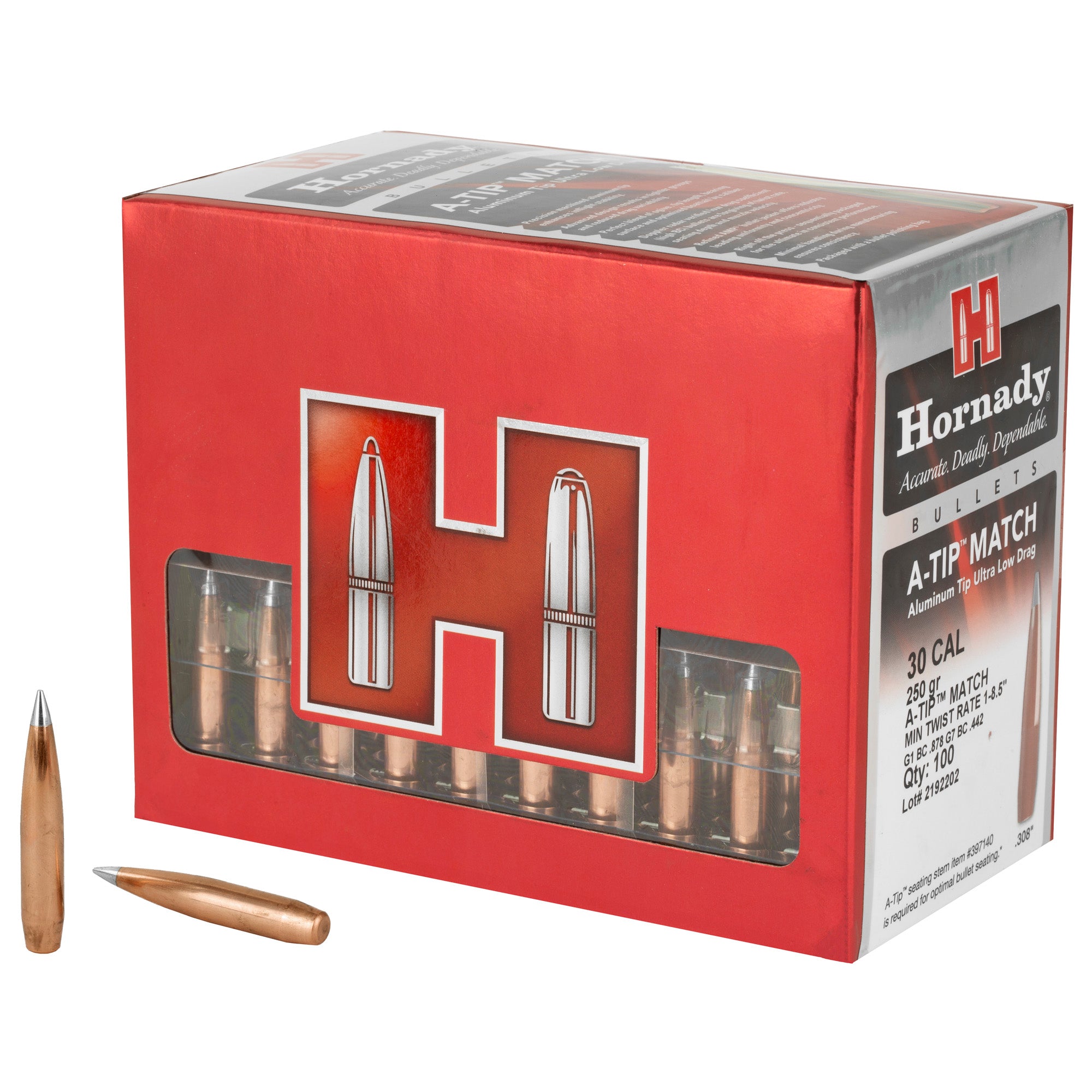Hornady A-Tip Match 30 Caliber .308 250 Grains Bullet - Box of 100