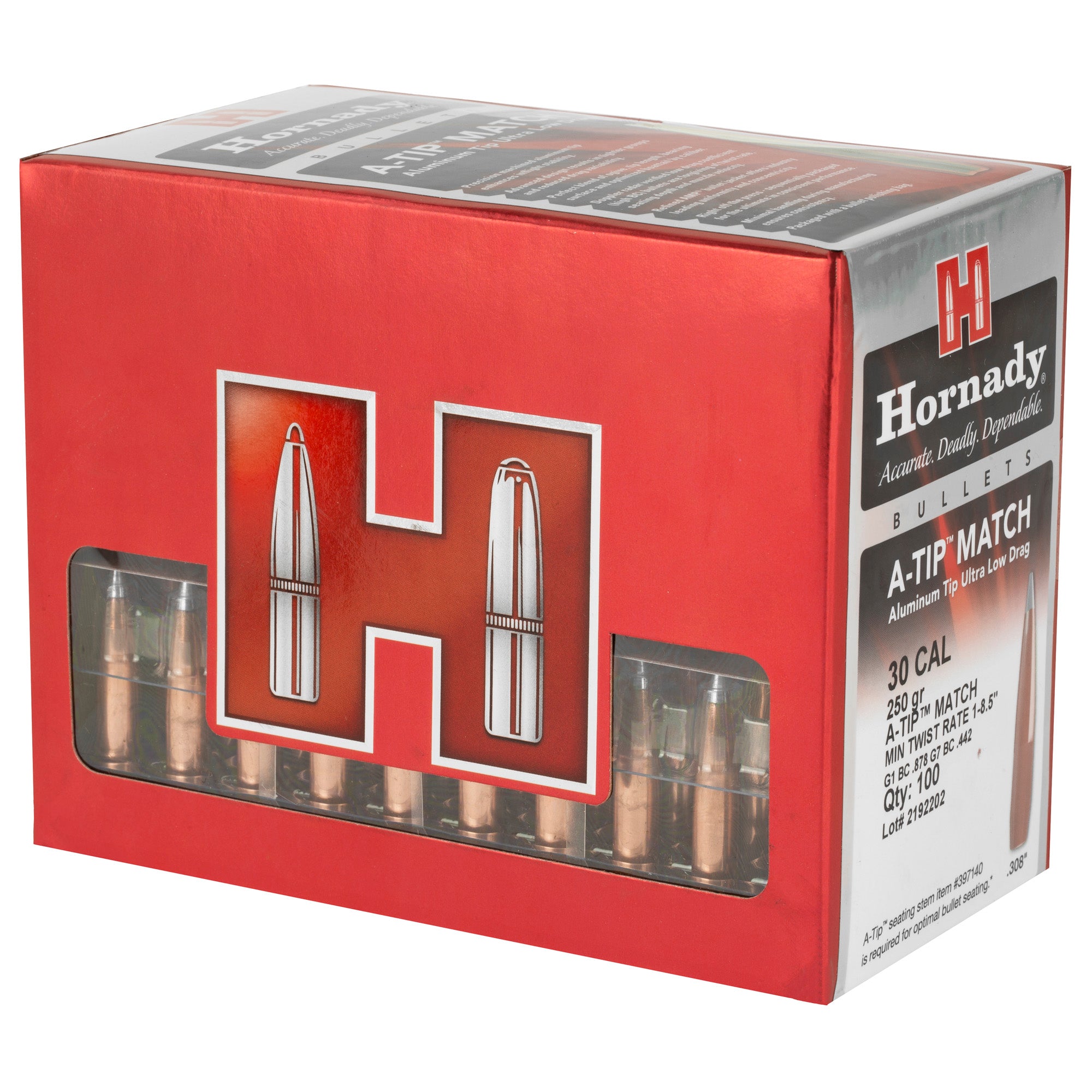 Hornady A-Tip Match 30 Caliber .308 250 Grains Bullet - Box of 100