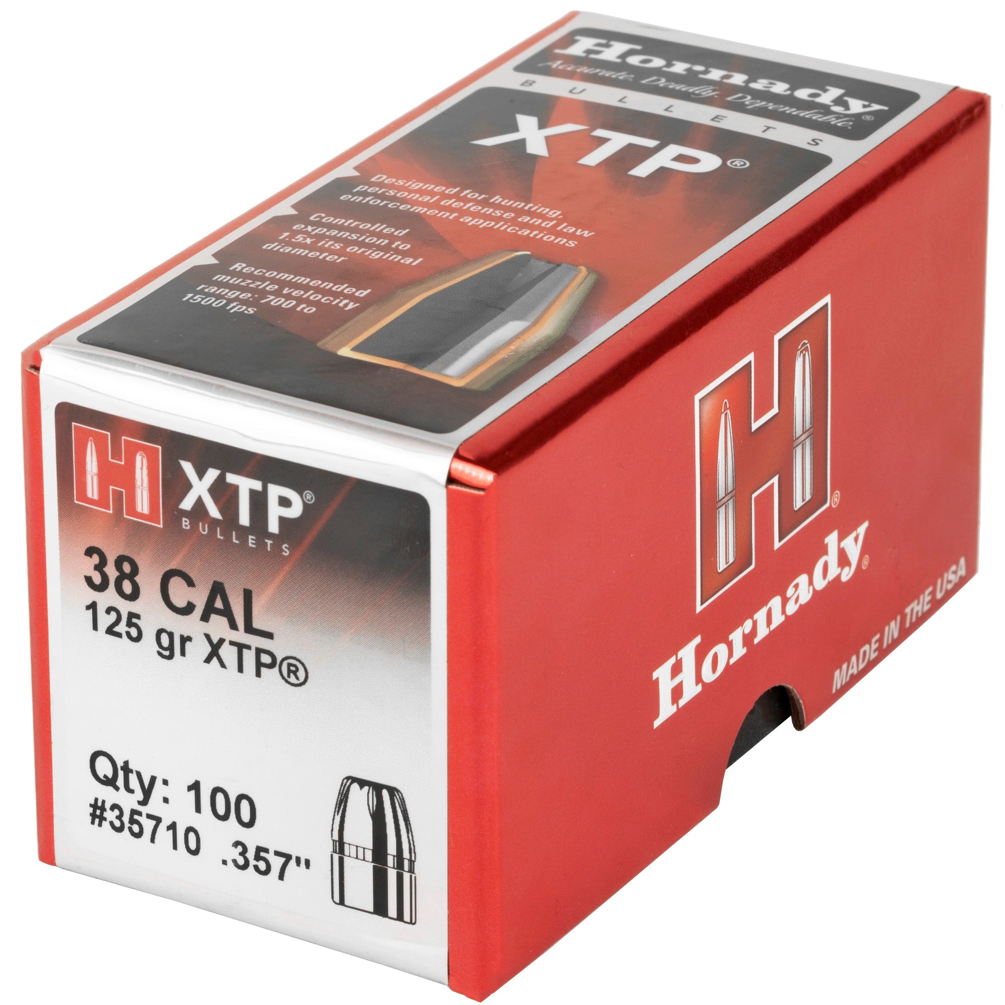 Hornady XTP 38 Caliber .357 Diameter 125 Grain Bullet - 100 Count Box