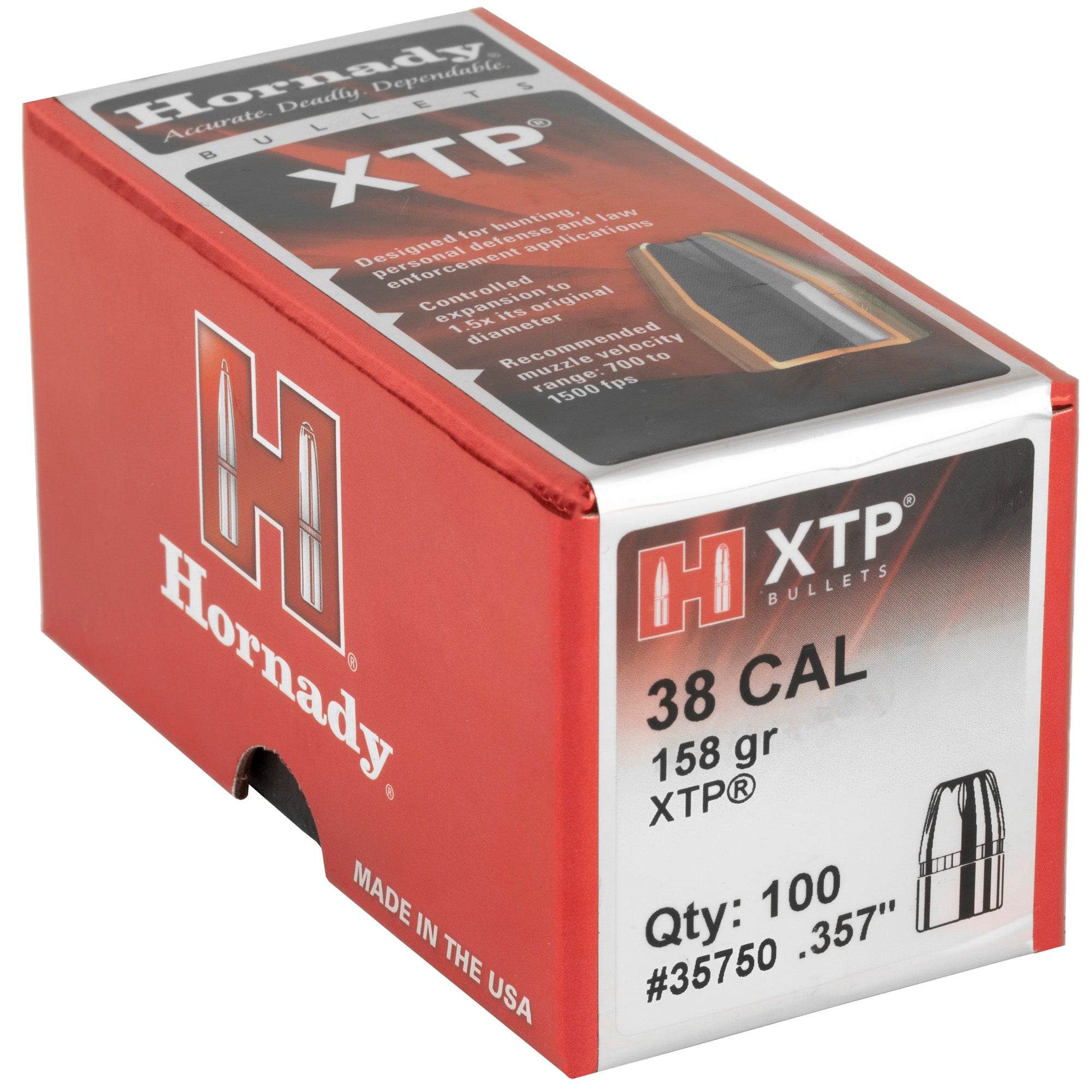 Hornady XTP 38 Caliber .357 Diameter 158 Grain Jacketed Hollow Point Bullets (100 Count)