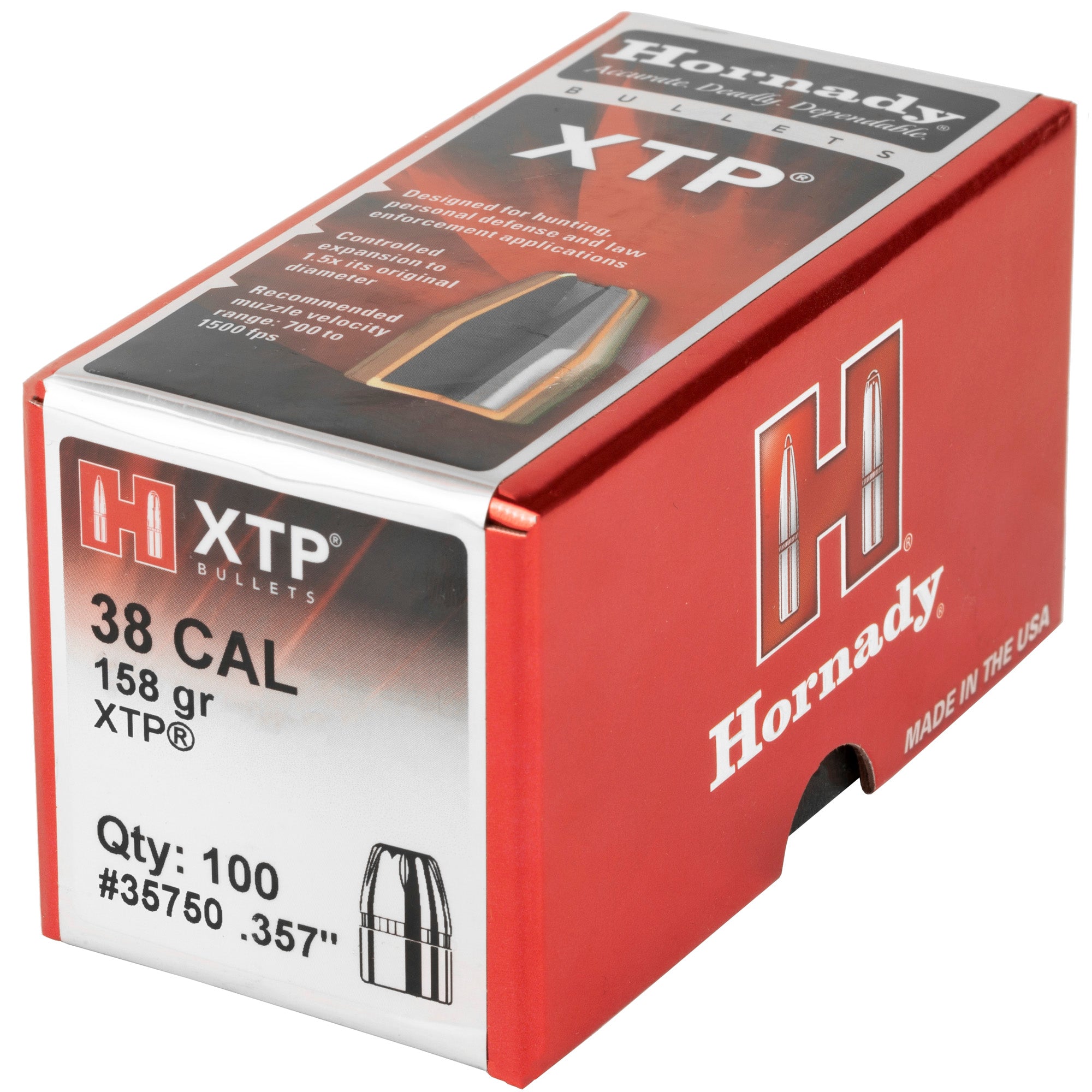 Hornady XTP 38 Caliber .357 Diameter 158 Grain Jacketed Hollow Point Bullets (100 Count)