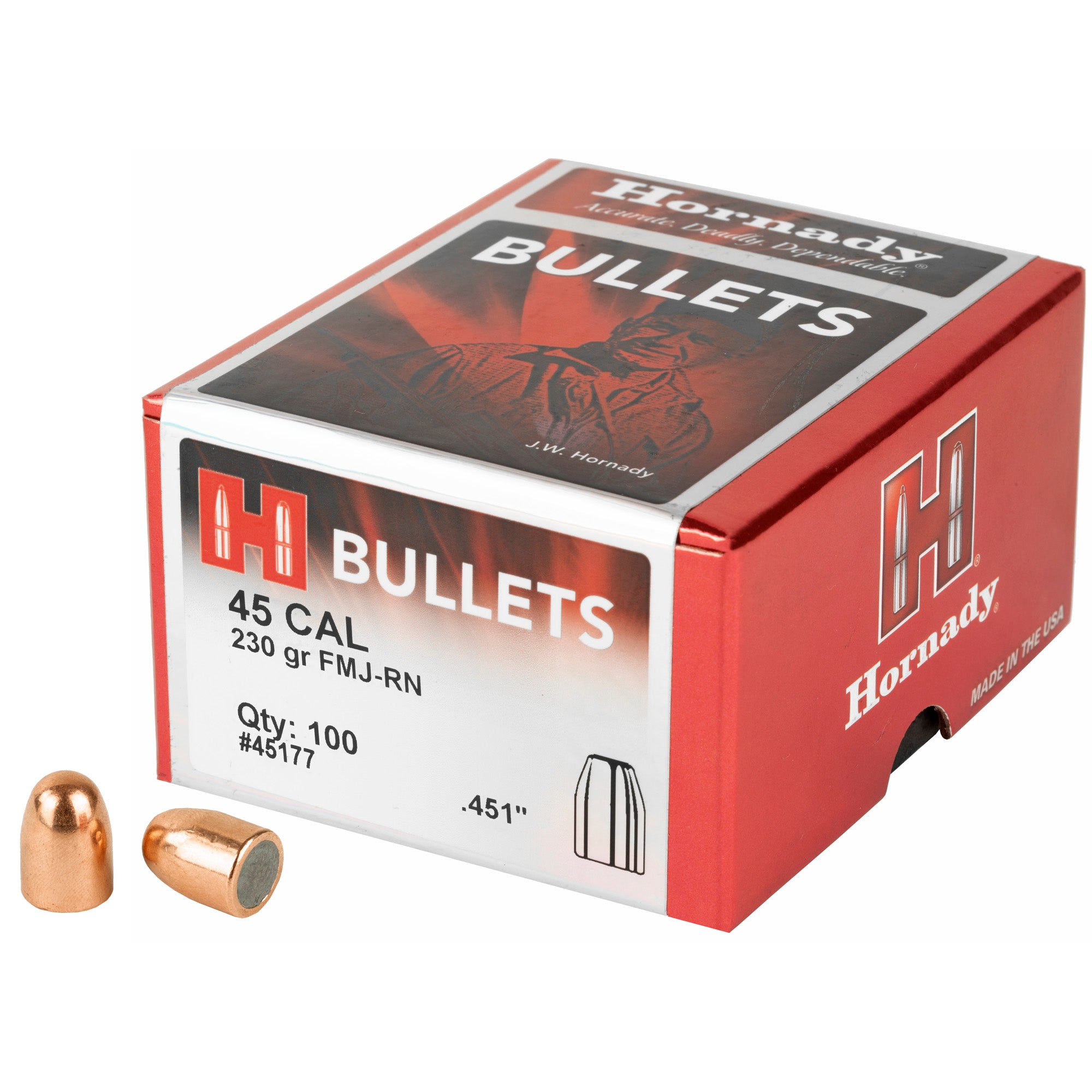 Hornady HRNDY FMJ-RN 45 Caliber .451 Diameter 230 Grain Round Nose Ammunition (100 Rounds)