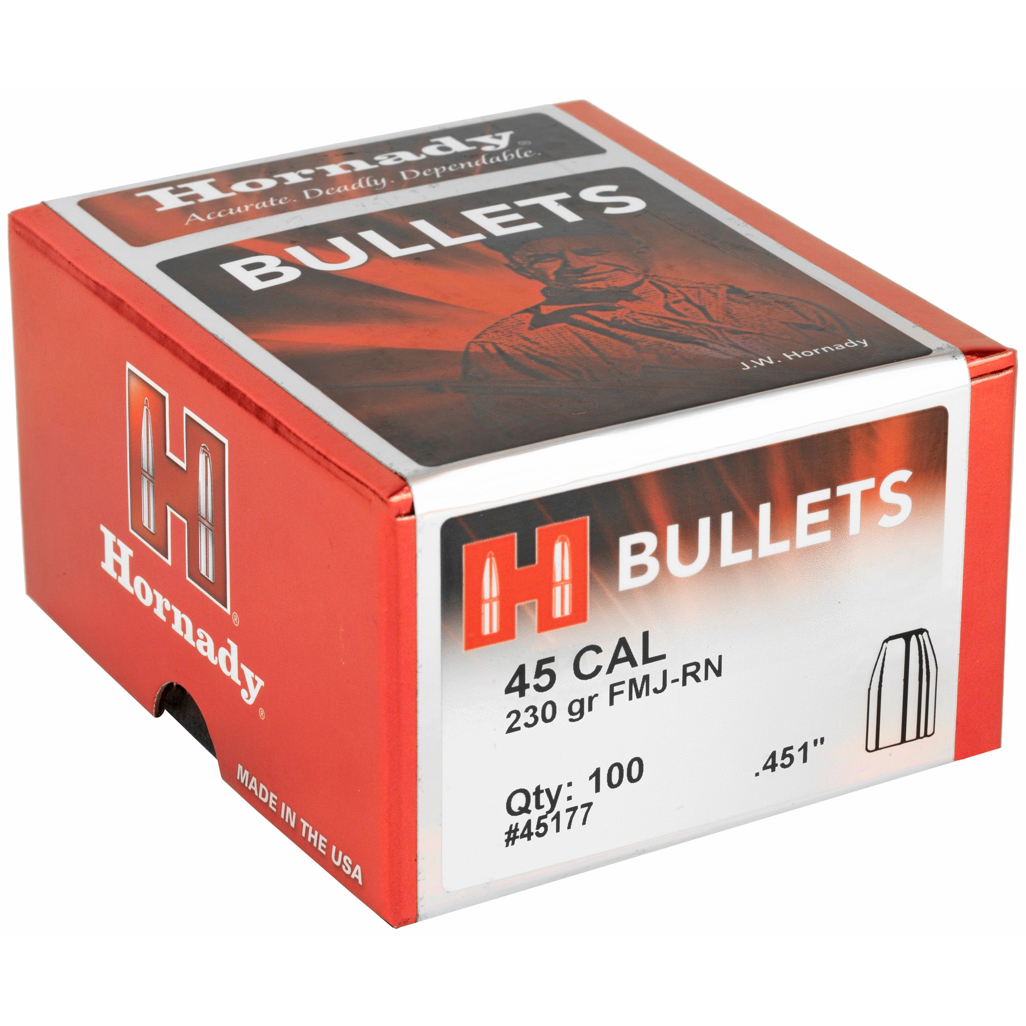 Hornady HRNDY FMJ-RN 45 Caliber .451 Diameter 230 Grain Round Nose Ammunition (100 Rounds)