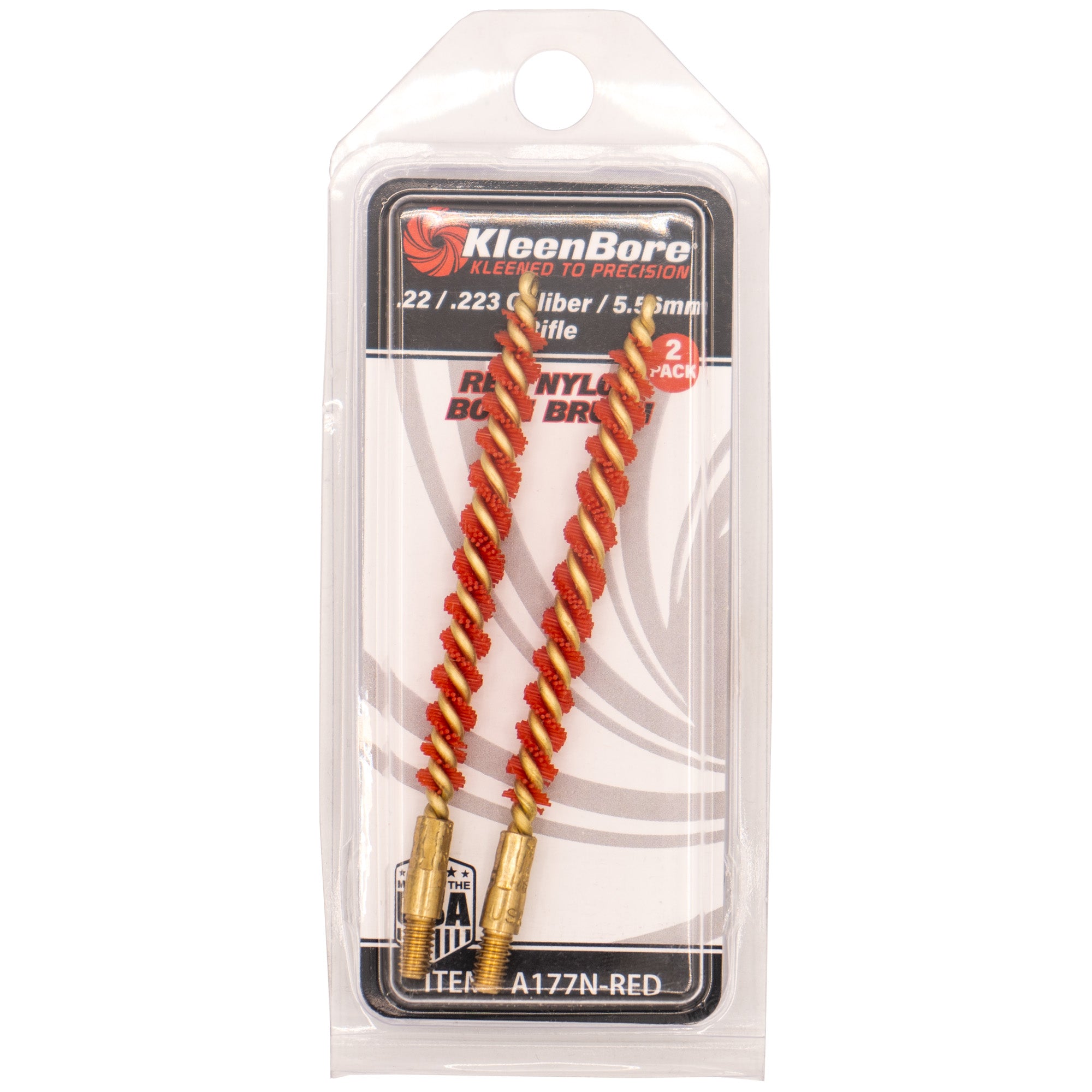 Kleen-Bore Rifle Red Nylon Bore Brush Part A177N-RED for .223/5.56 Caliber Cleaning - 2 Pack