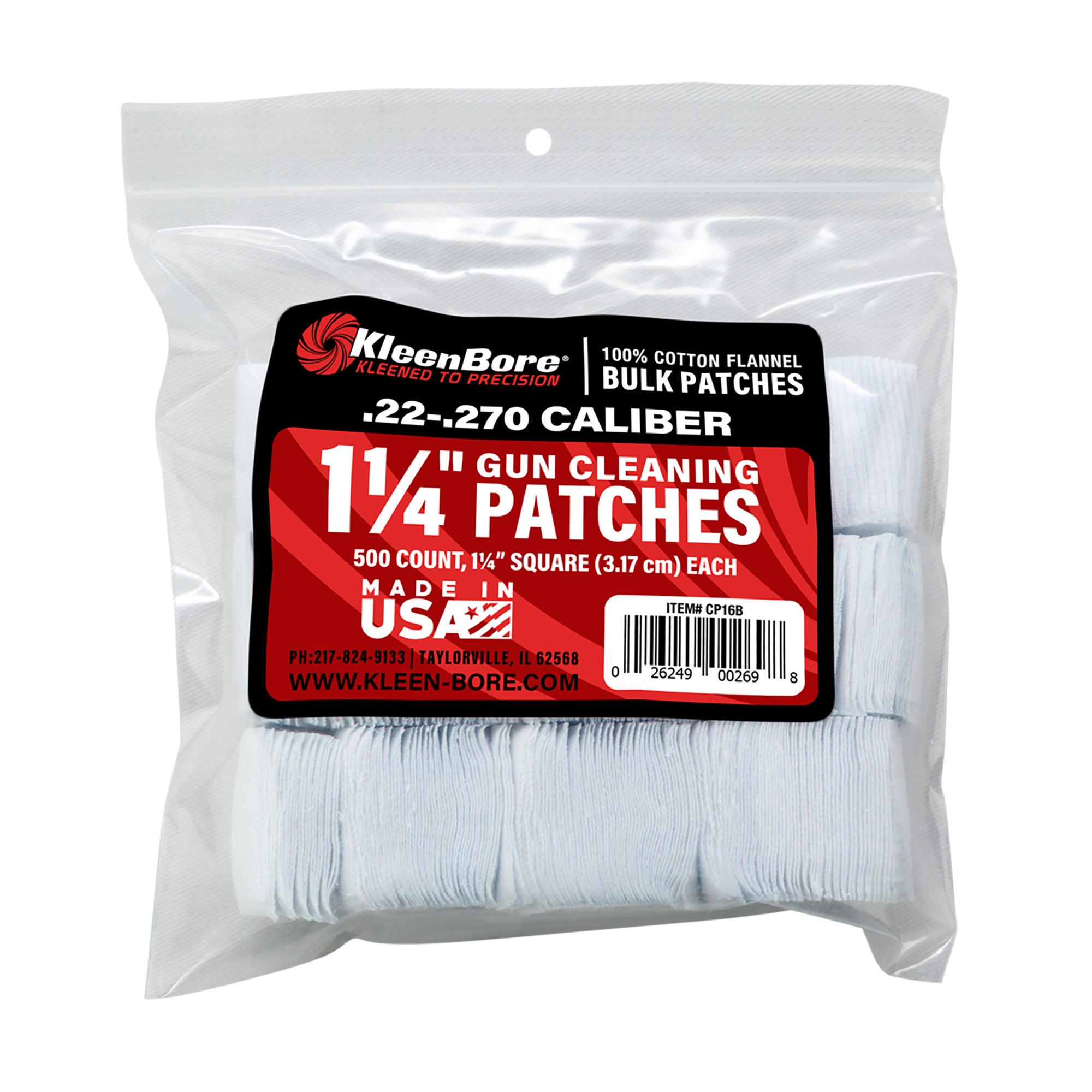 Kleen-Bore SuperShooter CP16B Cotton Flannel Patches – 22-270, 500 Pack